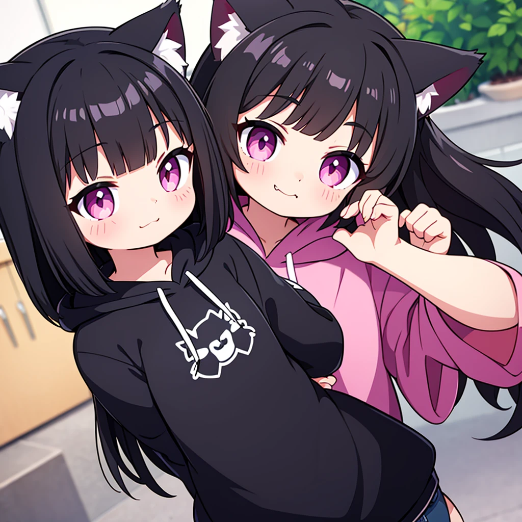 cute cat girl, cat ears, black hair, pink eyes, smug, black hoodie, only head in frame, straight bangs, medium length hair, 1 girl