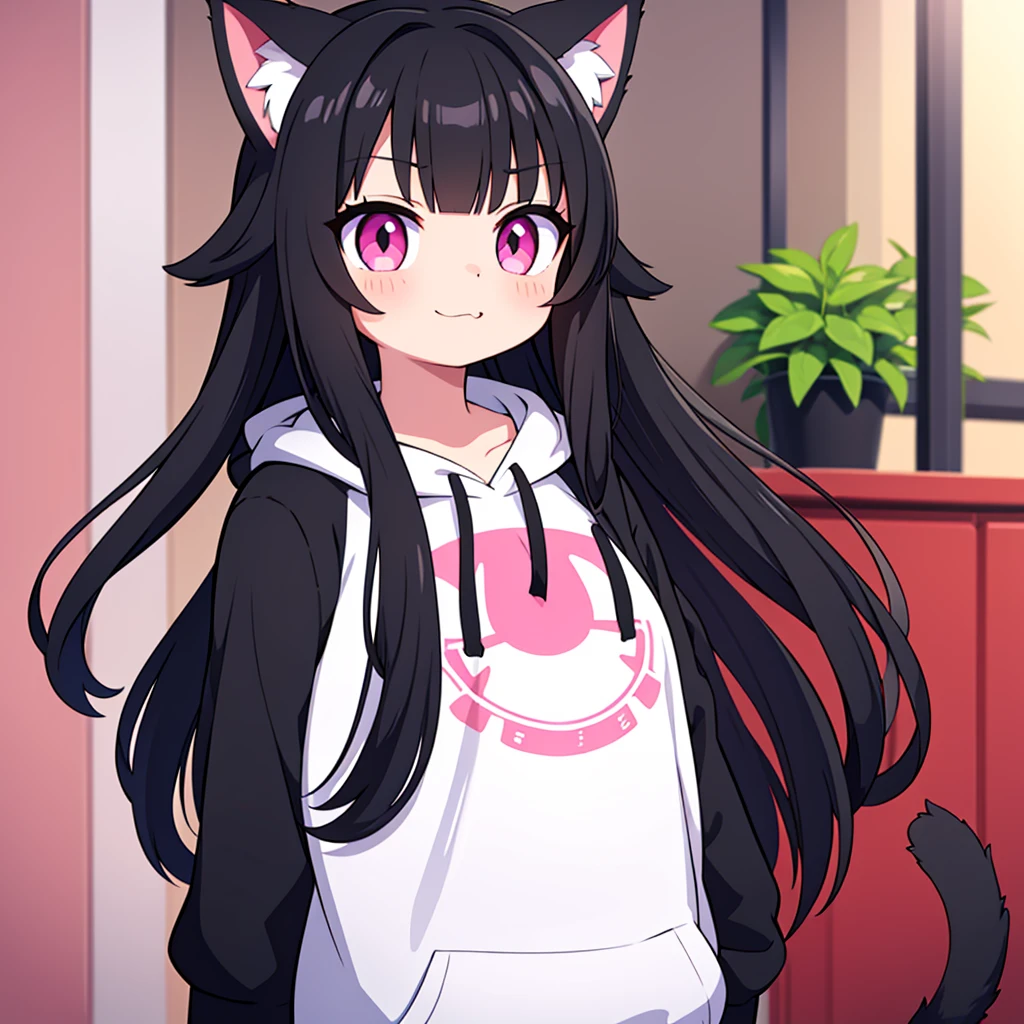 cute cat girl, cat ears, black hair, pink eyes, smug, black hoodie, only head in frame, straight bangs, medium length hair, 1 girl