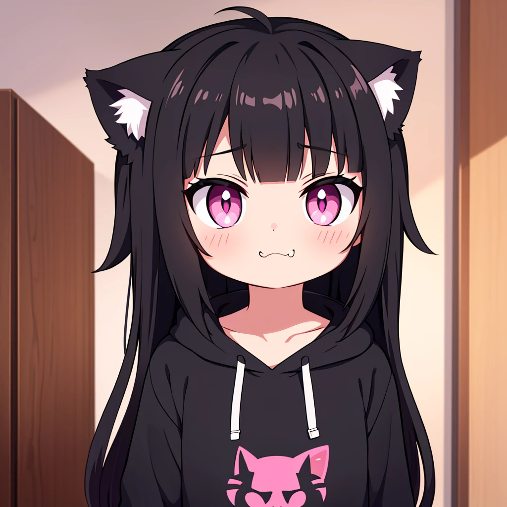 cute cat girl, cat ears, black hair, pink eyes, smug, black hoodie, only head in frame, straight bangs, medium length hair, 1 girl