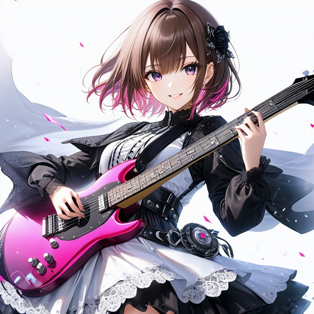 (((White background:1.2)))、(masterpiece、Ultra HD、Masterpiece、4K)、Perfect Style、A Scandinavian gothic metal girl playing a flashy electric guitar vigorously., Intense gaze into the camera, Intricate details, Highly detailed eyes, Brown bob hair、White and pink gothic dress, Flash photography, Intricate details、smile、Wear long black bootini skirt、Intense movement、Uplifting、looks fun
