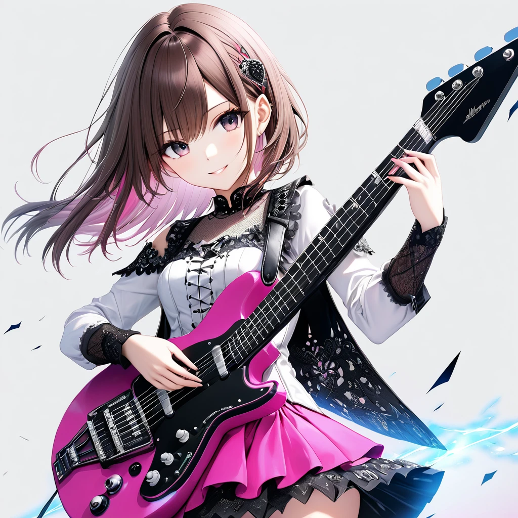 (((White background:1.2)))、(masterpiece、Ultra HD、Masterpiece、４K)、Perfect Style、A Scandinavian gothic metal girl playing a flashy electric guitar vigorously., Intense gaze into the camera, Intricate details, Highly detailed eyes, Brown bob hair、White and pink gothic dress, Flash photography, Intricate details、smile、Wear long black bootini skirt、Intense movement、Uplifting、looks fun