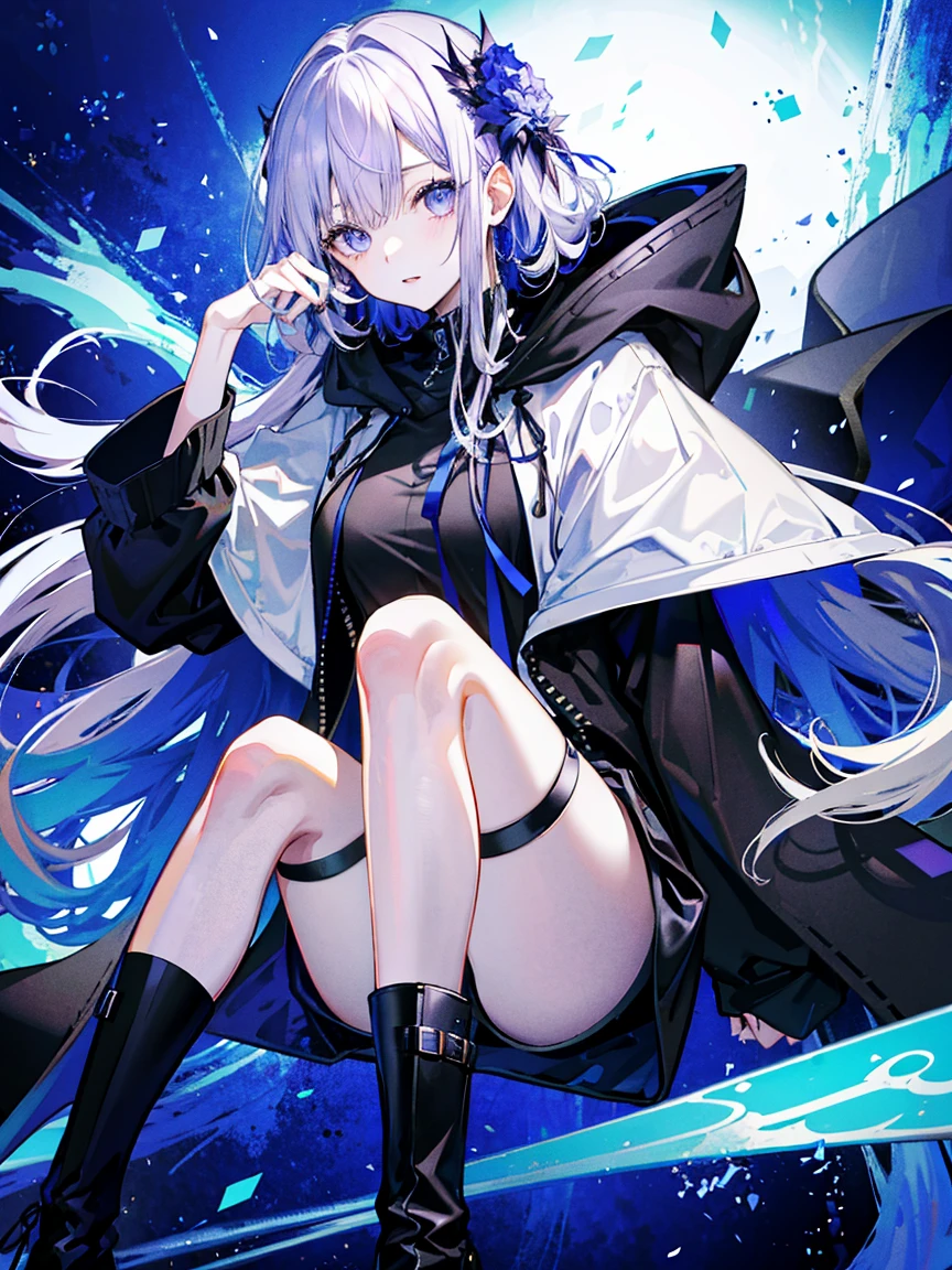 (Fine and beautiful eyes)、long hair,Long, blue-gray hair,Two moleole under the eye,Beautiful purple eyes,Detailed eyes,Detailed face,Large breasts,Black Hoodie、Thin legs,Long black boots、High resolution eyes、Jewel-like eyes、Straight Hair、Minimally revealing clothing、Short, oversized black shorts、Shorts that cover the knees,Extreme Detail、High resolution、Shining Eyes