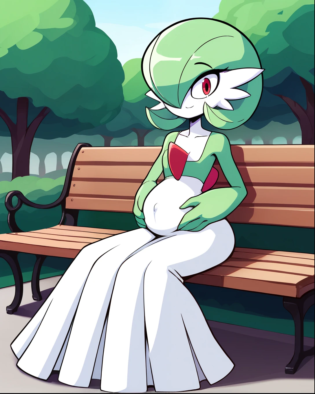 score_9, score_8_up, 1girl, gardevoir, happy, full body, outdoors, human proportions, looking at viewer, by diives, pregnant, pregnancy, shy smile, rubor, mirada tranquila, tranquila, woods, forest, bosque, manos en el vientre, hands on belly, long skirt, skirt, white skirt, long dress, senos, senos femeninos, senos grandes, .