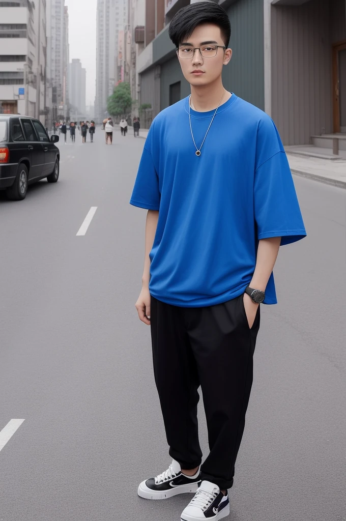 21 year old Beijing boy, he is wearing a oversize xxl blue plain t-shirt, he is wearing black trousers, he is wearing sneakers, he is wearing glasses, street, full body, he is buzz cut Hair, foot, walking