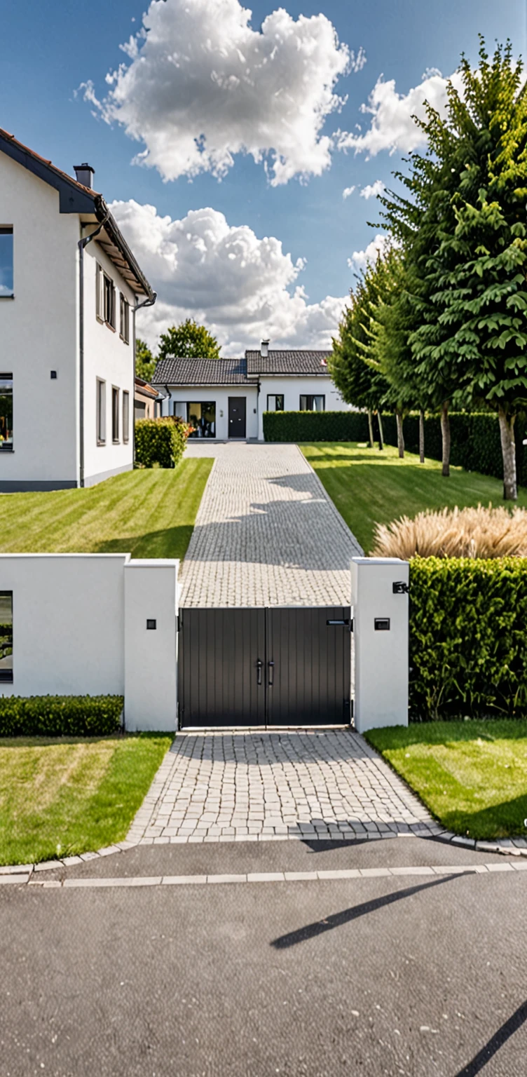 Raw photo,Masterpiece, high quality, best quality, authentic, super detail,
outdoors, house style modern,bietthuhn, white wall, glass windows, gate
road,pavement, grass, trees, sky, cloud, (day:1.1),