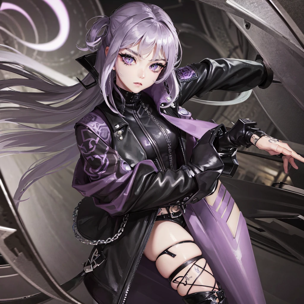 a girl , long ash grey hairstyle elegantly curled ,purple light eyes, punk styles, has tattos on the arm , ,Black color Leather jacket , black jean,,adorlable,beautiful face,