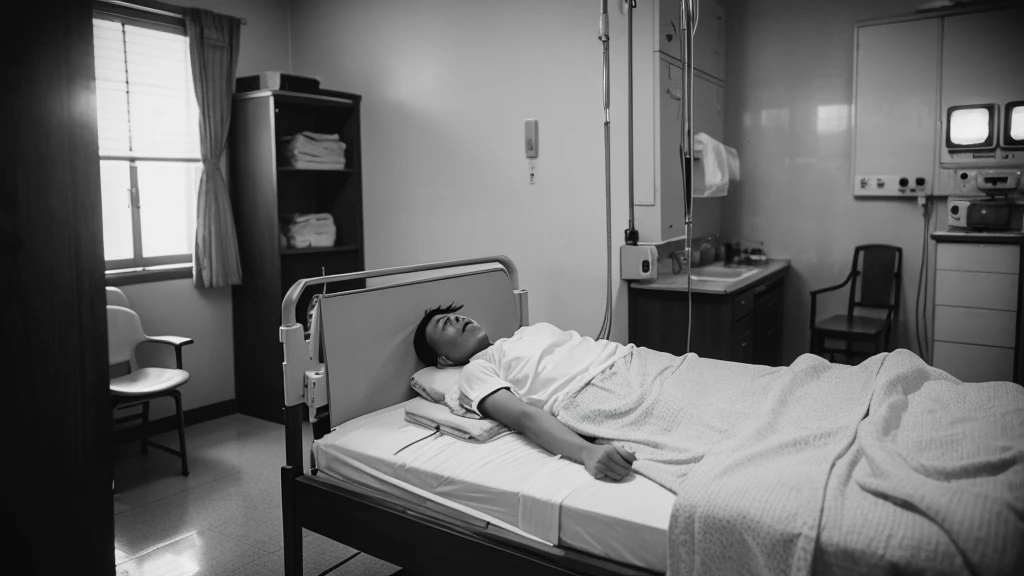 1930s, monochrome photography, Hospital room, Hospital room, suffering patient, Japanese soldiers watching over, patient sleeping in bed, 32K, Best quality, Masterpiece, super detail, High Details,