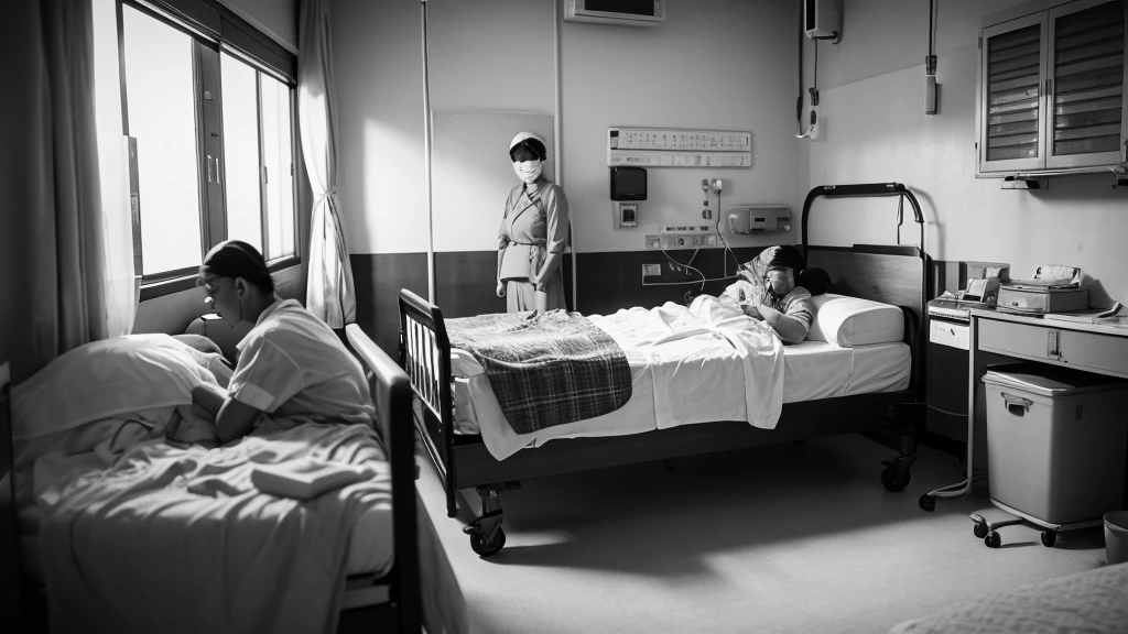 1930s, monochrome photography, Hospital room, Hospital room, suffering patient, Japanese soldiers watching over, patient sleeping in bed, 32K, Best quality, Masterpiece, super detail, High Details,