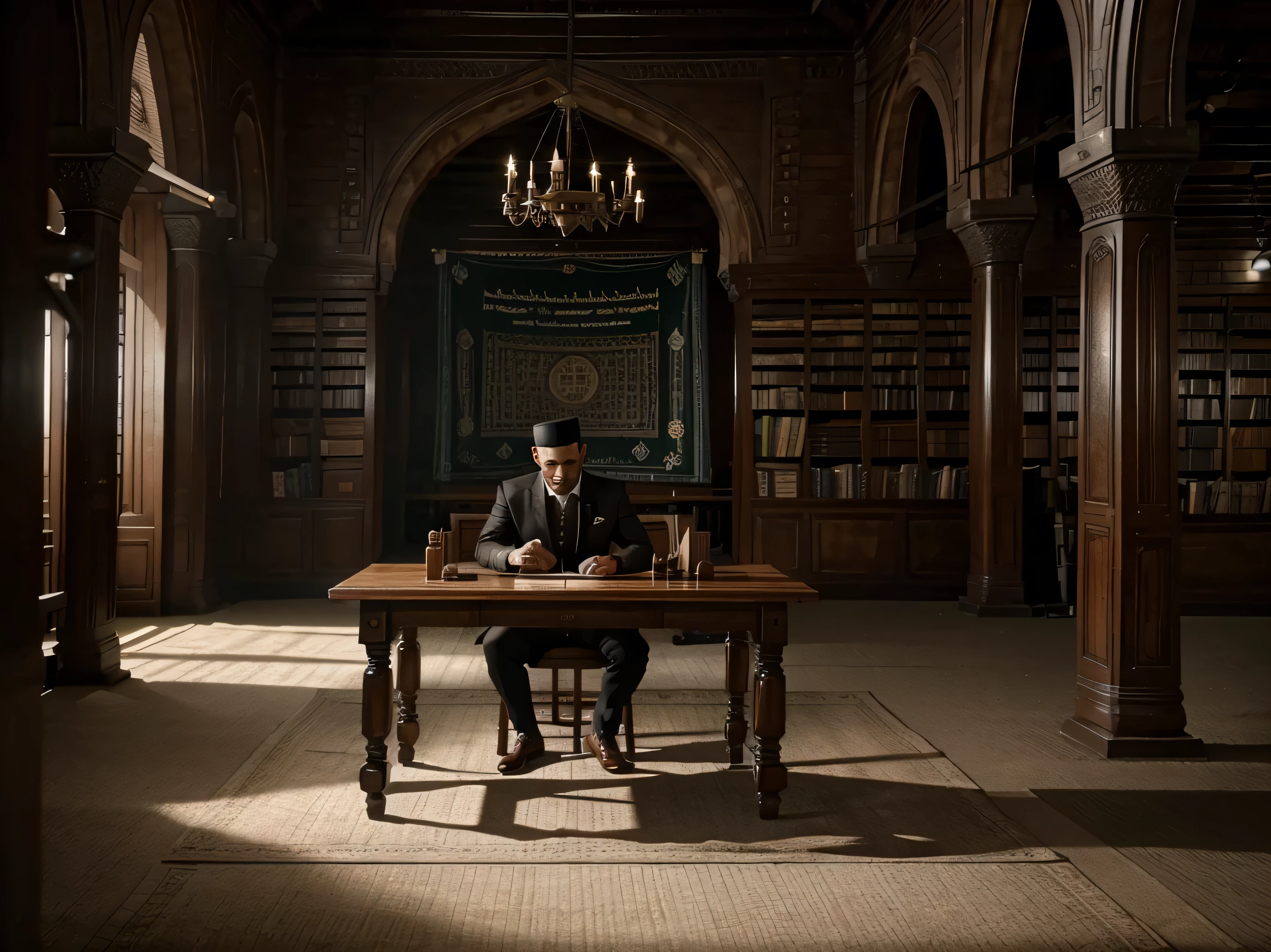 a table that has a bunch of books on it, a detailed matte  teaser trailer footage, he is in a mosque, old library backdrop, 2020 video game screenshot