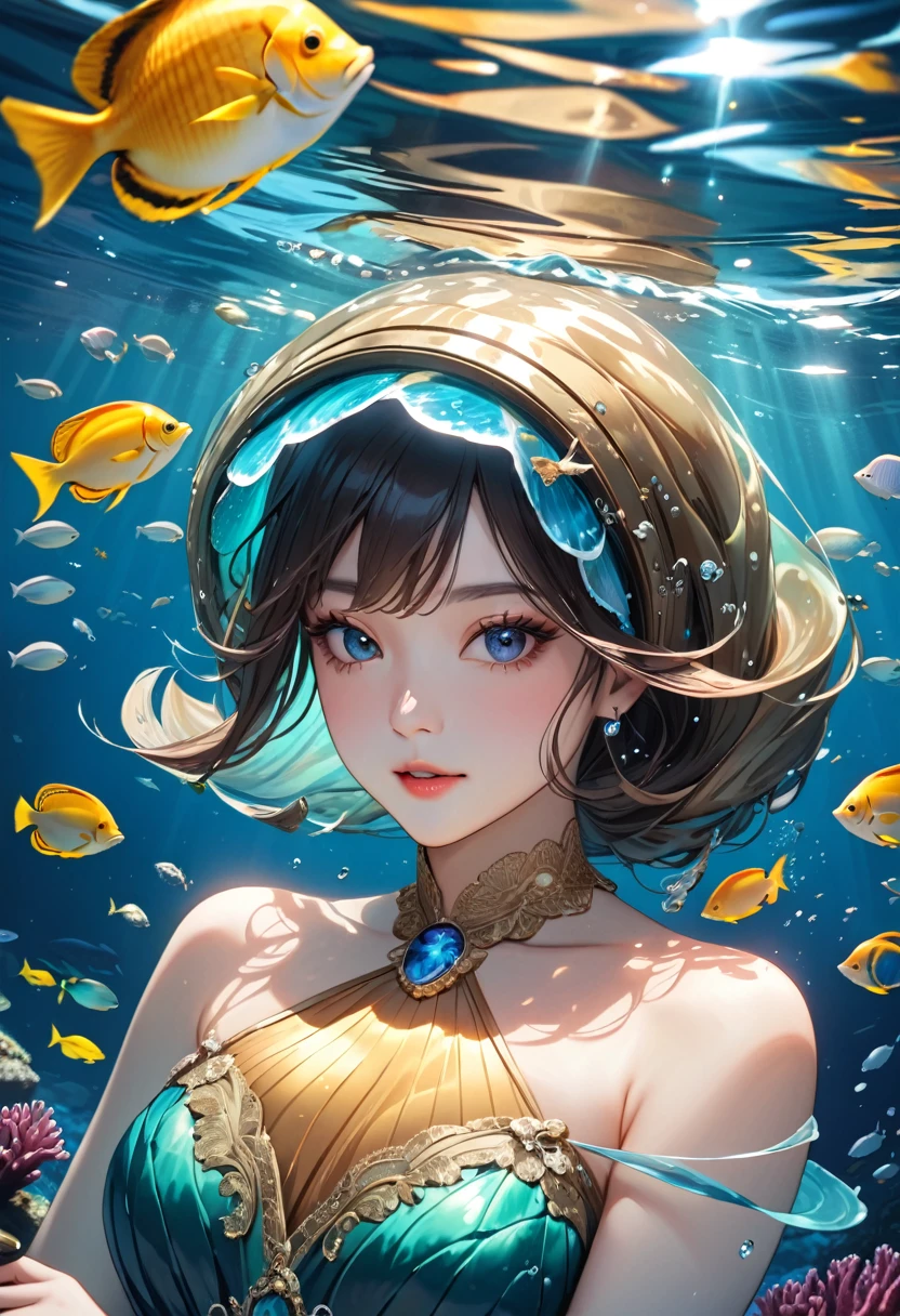 (best quality, masterpiece, ultra highres, ultra-detailed:1.2) , A girl poaching large abalones in the deep sea. many abalones floating in the sea.beautiful underwater images.depth of field,portrait,
