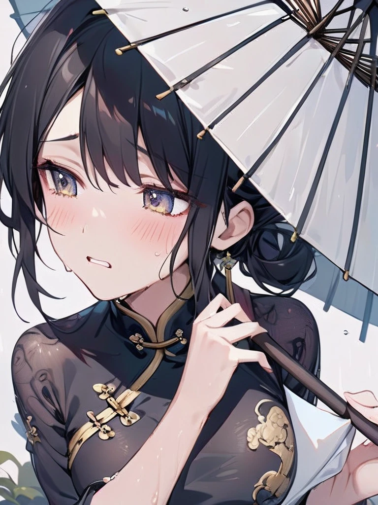 Chinese Garden, Wet day, Chinese woman in black cheongsam with gold decoration, Holding an oiled paper umbrella, expression is sad, Upper body image