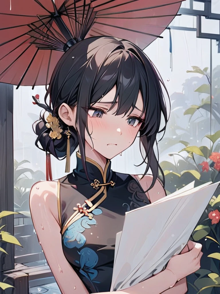 Chinese Garden, Wet day, Chinese woman in black cheongsam with gold decoration, Holding an oiled paper umbrella, expression is sad, Upper body image