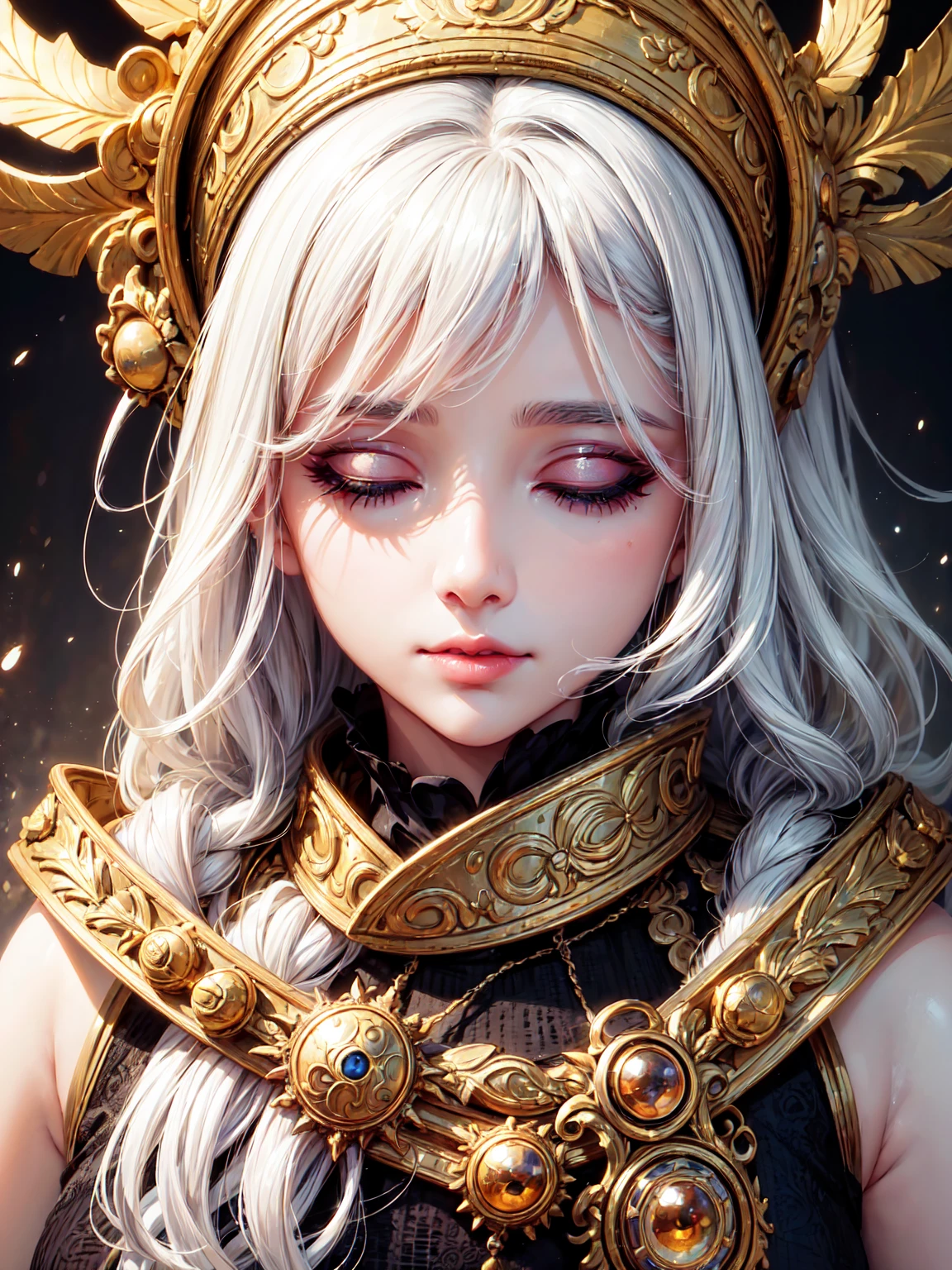 1 girl, beautiful detailed eyes, beautiful detailed lips, extremely detailed eyes and face, long eyelashes, mksks style, yellow lighting, golden eyes, white hair, black background, eyes closed, no smile, masterpiece, ultra-detailed