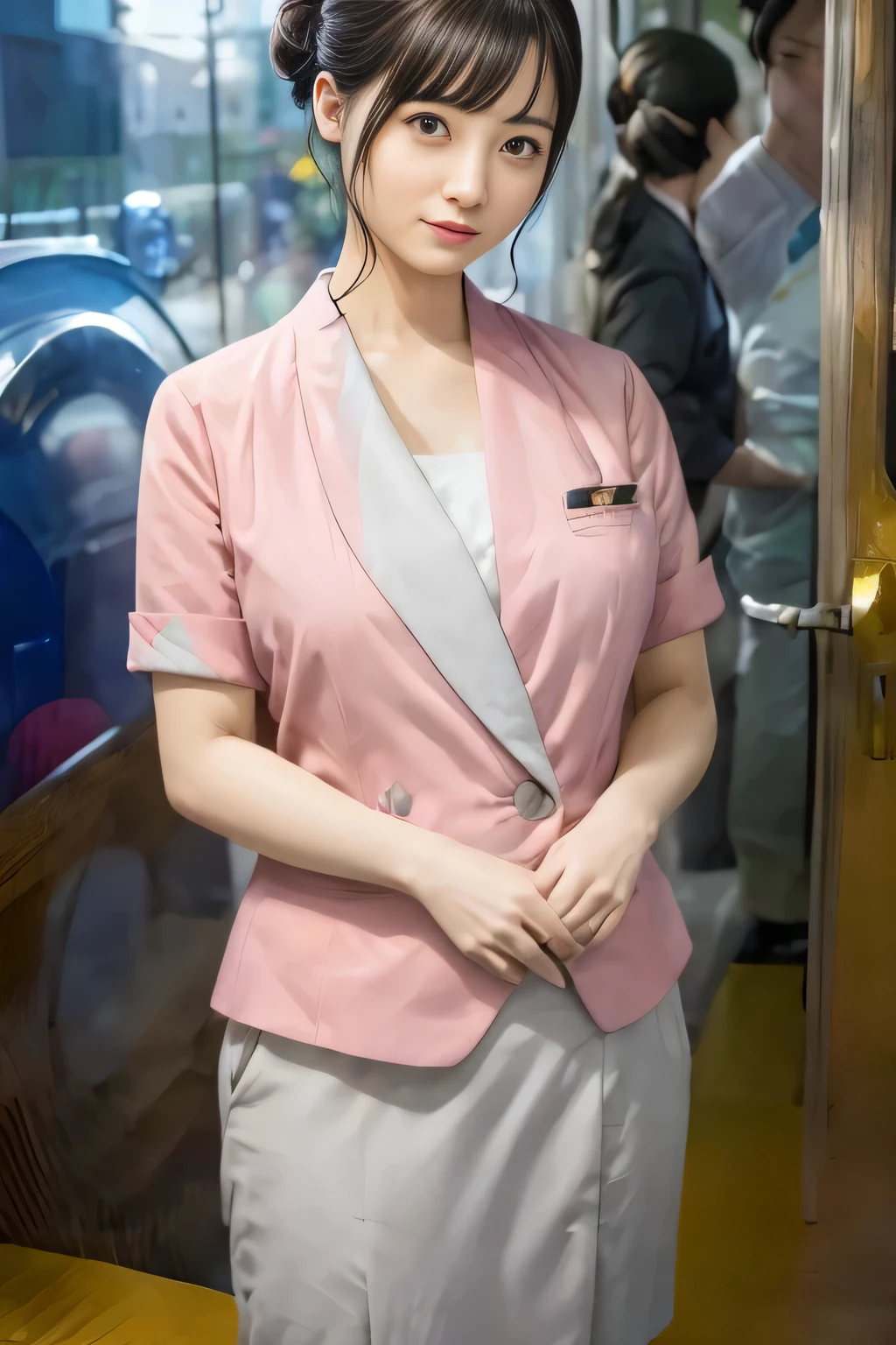 (masterpiece:1.2, Highest quality:1.2), 32k HDR, High resolution, (alone、1 girl)、（On the rooftop of a building in the daytime、Professional Lighting）、Building rooftop background、（Nankai train crew uniform pinkを着たリアルスタイル）、（Nankai train crew uniform pink short sleeve collarless pink jacket、Nankai Train Crew Uniform Pink Collarless Short Sleeve Blouse、Nankai Train Crew Uniform Pink Grey Knee-length Culottes）、（（The bottom of the pink short-sleeved jacket cannot be tucked into the clay-colored culottes.））、Dark brown hair、（Hair tied up、Hair Bun、Hair Bun）、Dark brown hair、Long Shot、Big Breasts、Thin legs、（（Great hands：2.0）），（（Harmonious body proportions：1.5）），（（Normal limbs：2.0）），（（Normal finger：2.0）），（（Delicate eyes：2.0）），（（Normal eyes：2.0））)、（Nankai Train Crew Uniform Pink Grey Knee-length Culottesを見せた美しい立ち姿）、smile