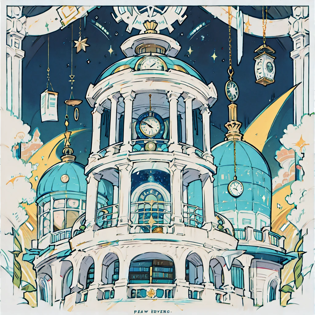 Library floating in the starry sky，Looks like a pocket watch