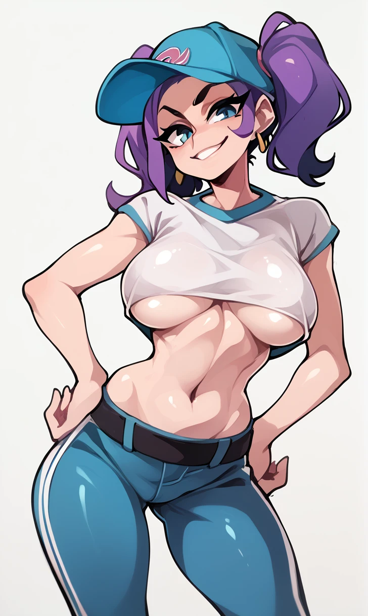 score_9, score_8_up, score_7_up, score_6_up, 1girl. big breasts, pale skin, facing viewer, blue eyes, purple hair, pigtail hairstyle, smirk, crop top, underboob, straps, blue pants, baseball cap, white background, earring, confident, hands on hips, exposed midriff