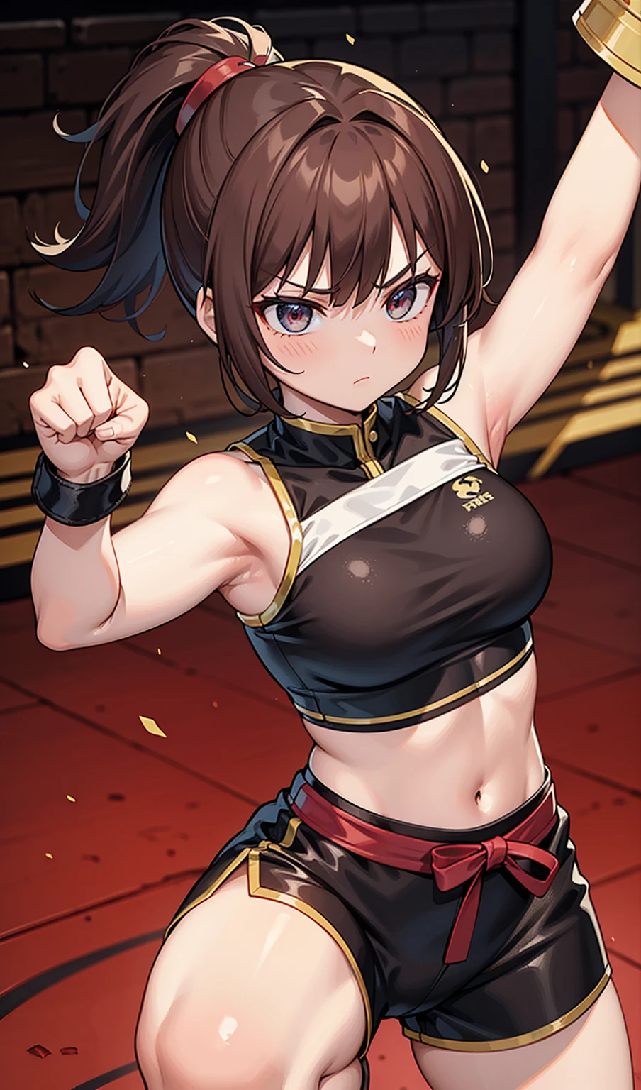 Human Woman、Serious expression、Underground Fighting Arena、Martial Arts Ring、Dark brown ponytail、Fighter、Uplifting、Shorts、Colorful fighting costume、Fighting Pose