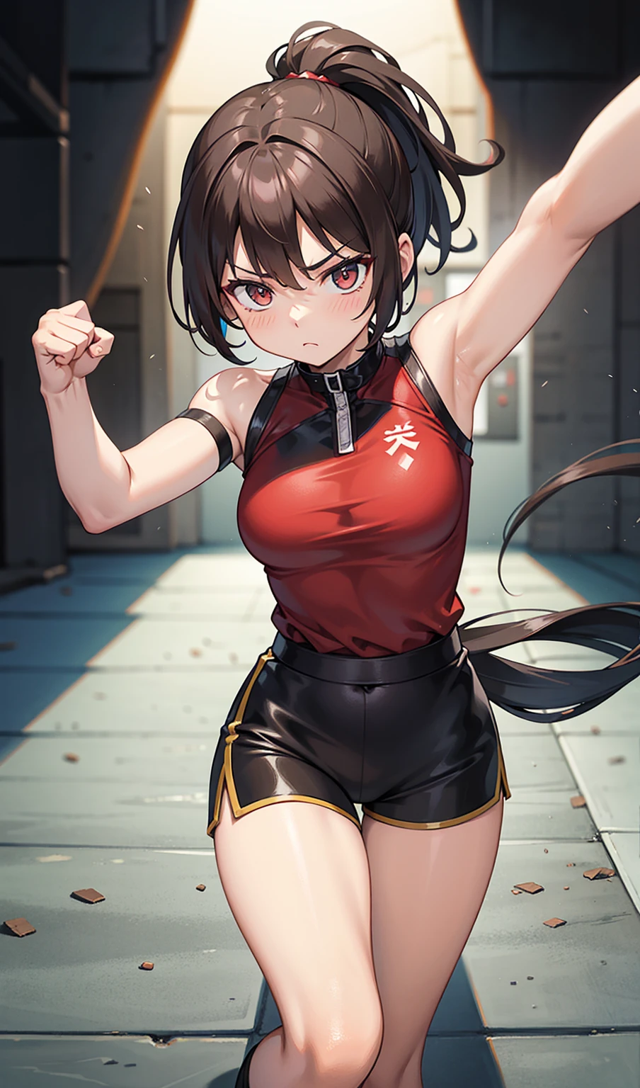 Human Woman、Serious expression、Underground Fighting Arena、Martial Arts Ring、Dark brown ponytail、Fighter、Uplifting、Shorts、Colorful fighting costume、Fighting Pose