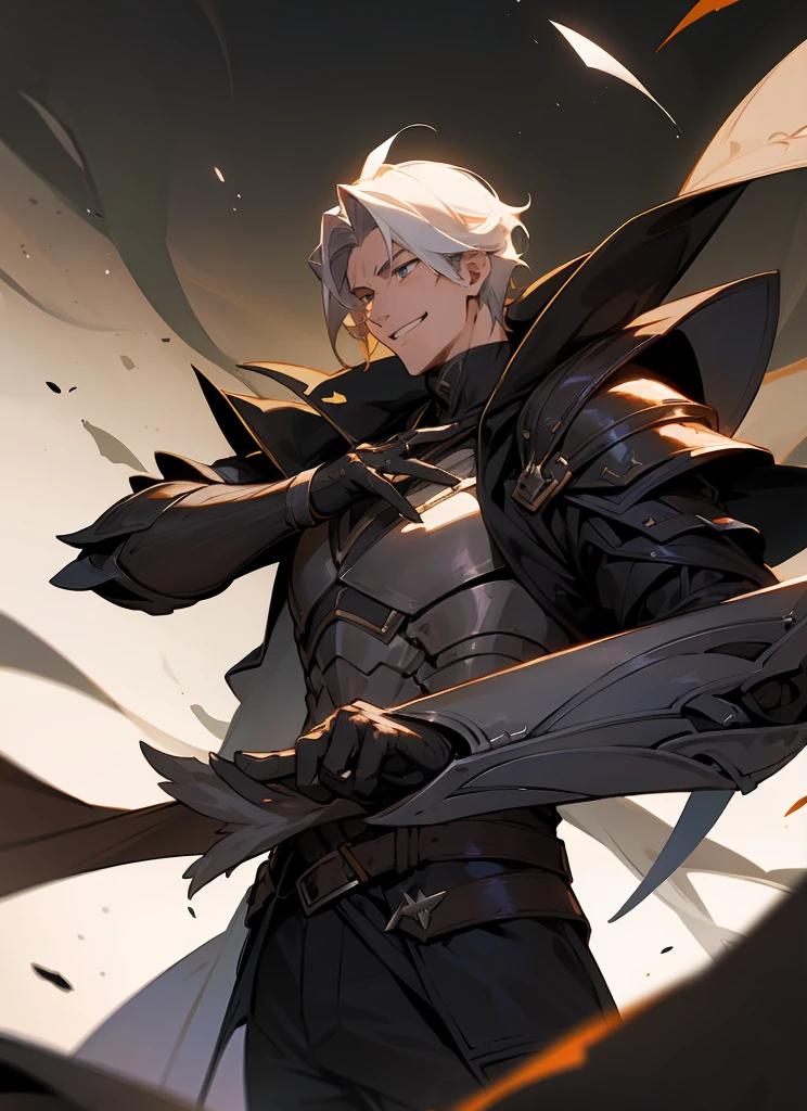 1 , handsome fashion hair,bronze hair highlightwhite, fanstasy, smile face, male ,fantasy, reaper, hunter with blackshortsword, villian face, black armor , darkness wolrd, bad