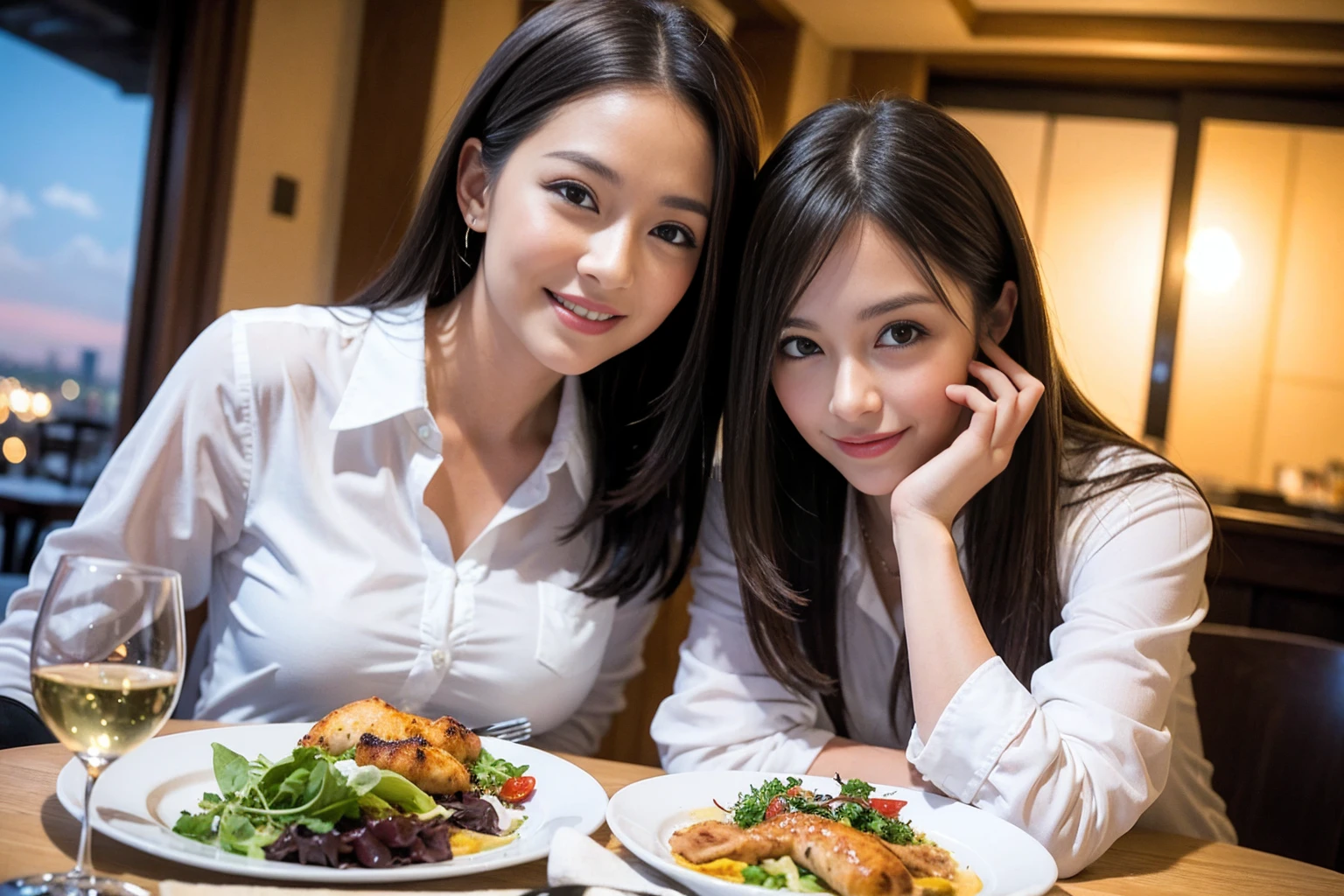 ((Highest quality、8K、masterpiece:1.3))、1 male 1 female、lover、Beautiful couple、Happy smile、full-course dinner、 (Slim face), (the body is スリム), (Brown Hair), (Shortcuts), ((Bob Hale、Straight hair:1.2)), テーブルの上のwine glass、Put the light on your face、 Amazing view of the sunset sky and clouds、The beauty of a smile、Bright image、Blushing, Shortcuts, (Age 35), 39 years old, Appetizers、Italian food、Wine bottle、Champagne、sparkling wine、Long sleeve shirt、dress、Attractive beauty、restaurant, Nova Frog Style, actress, model, Upper Body, White wine, red wine, wine glass, 