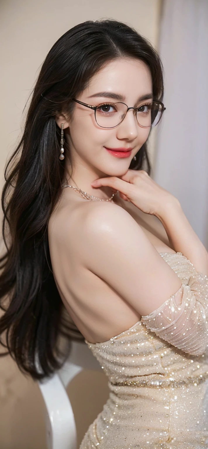 (Canon RF85mm f/1.2), (8K, original photo, best quality), (masterpiece), (Practical, photograph Practical), (Very detailed, High Detail, Best image quality, Very detailed, high resolution, Very detailed, Very detailed的描述, Ultrafine, Extremely exquisite and beautiful work), Beautiful and delicate girl, Solo Girl, ((Perfect body)), Very detailed eyes and face, White skin, Noble and beautiful, ((The skin texture is delicate, Pores)), Perfect anatomical structure, Beautiful Body, Delicate face, Slim abdominal muscles, Slim waist), Big Ass, (Large Breasts, Breast enlargement), (cleveage), (Soulful gaze, soulful eyes, Glowing eyes), (Beautiful clear eyes), (Bounce Curly Messy Long Hair), (Smile:1.2), (Fascinated expression), (Beautiful appearance), ((Low-cut,Wedding dress,No Sling,Show your shoulders,E Cup)), ((Tight)), ((Bud)), ((wear glasses)), earrings, necklace, ((night)), ((Street View, moonlight)), Physically Based Rendering, Realistic lighting, (((Deep Crack))), ((Looking at the audience)), ((eternal)), ((Happy and shy))