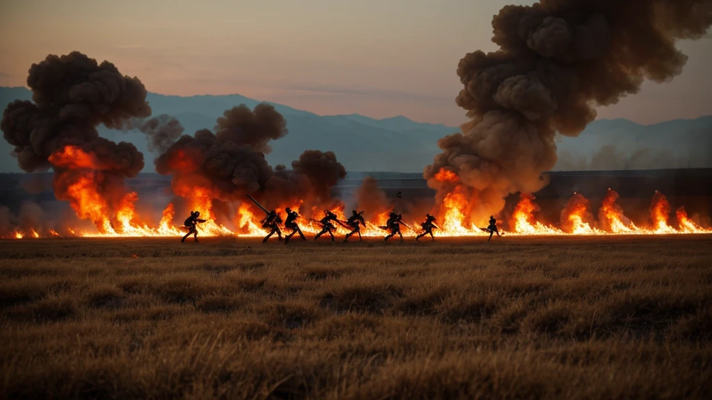 Battle of knights in the flames, smoke clouds, raised swords,