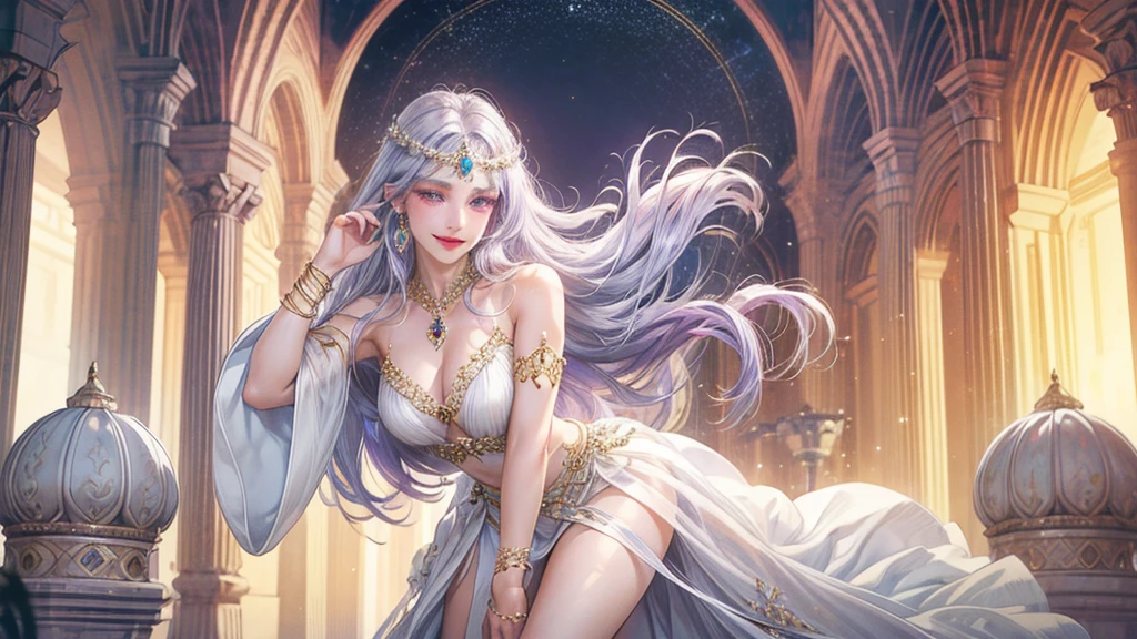 (Highest quality, 8K, CG), Beautiful and exquisite body,Purple-silver hair,Wavy Hair,beautiful girl,Dancer,Dancing Princess,slit,Belly dance,skirt,White robe, Fluffy long hair,Gradient Hair, Purple eyes, Exquisite eye makeup, 長さ eyelashes fluttering, Delicate lip detail, Soft and harmonious style,Exposed shoulders, bracelet,Suspended particles, Dynamic pose,One Girl,Glamour,sexy,Wearing a circlet,Wearing Jewelry,Lip gloss, (Accurate Arm, Five Fingers, Accurate legs), Ultra-high resolution, Ultra-realistic, Very detailed, Golden Ratio, Photorealistic Anime Girl Rendering, ((Beautiful smile)), Exposed shoulders, Dynamic pose,blue sky,Big Breasts,Arabian