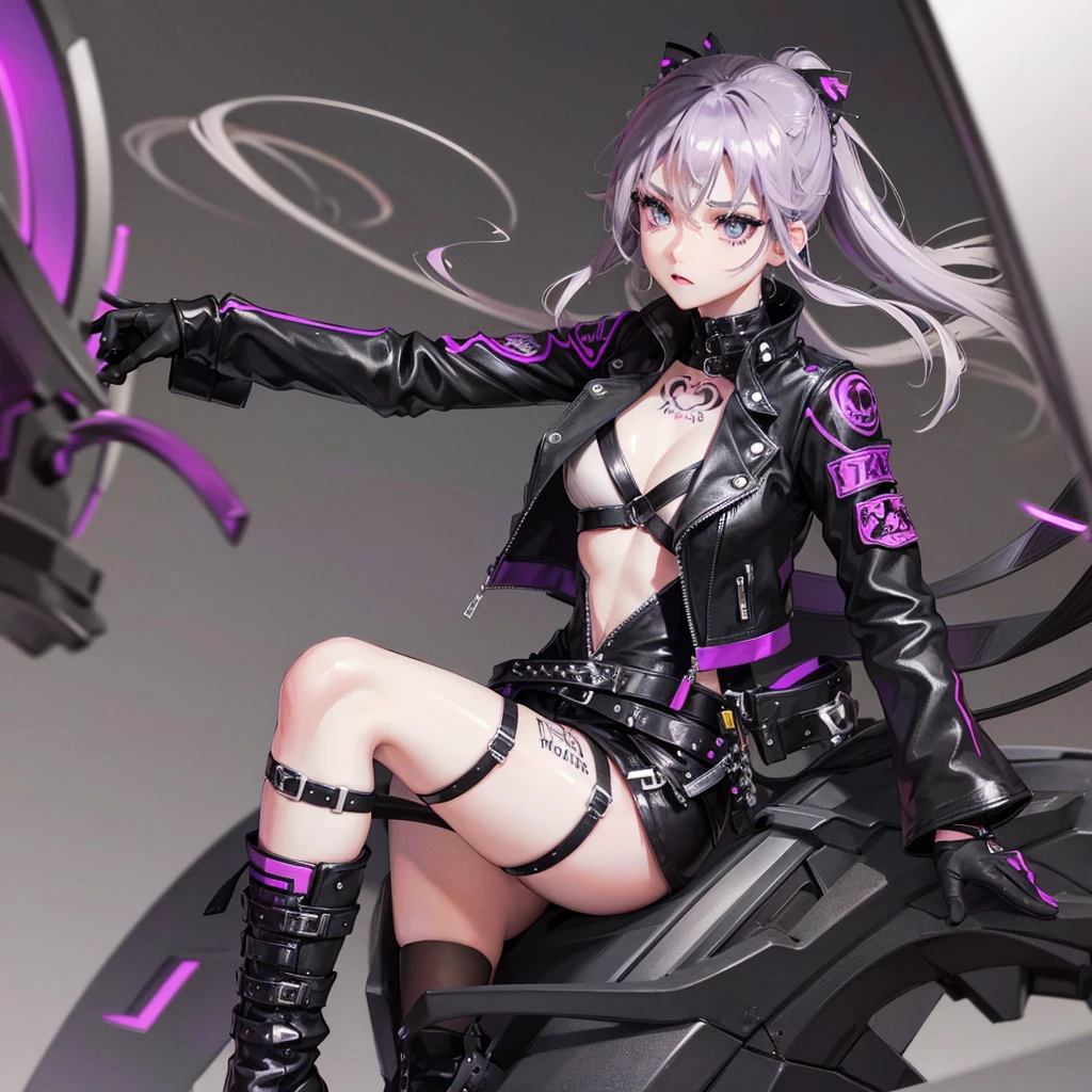 a girl , long ash grey hairstyle elegantly curled ,purple light eyes, punk styles, has tattos on the arm , ,Black color Leather jacket , black jean,,adorlable,beautiful face,