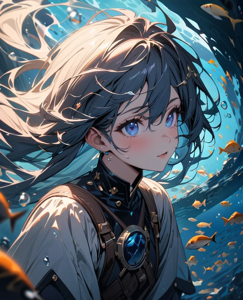 (best quality, masterpiece, ultra highres, ultra-detailed:1.2) , A girl poaching large abalones in the deep sea. many abalones floating in the sea.beautiful underwater images.depth of field,portrait,