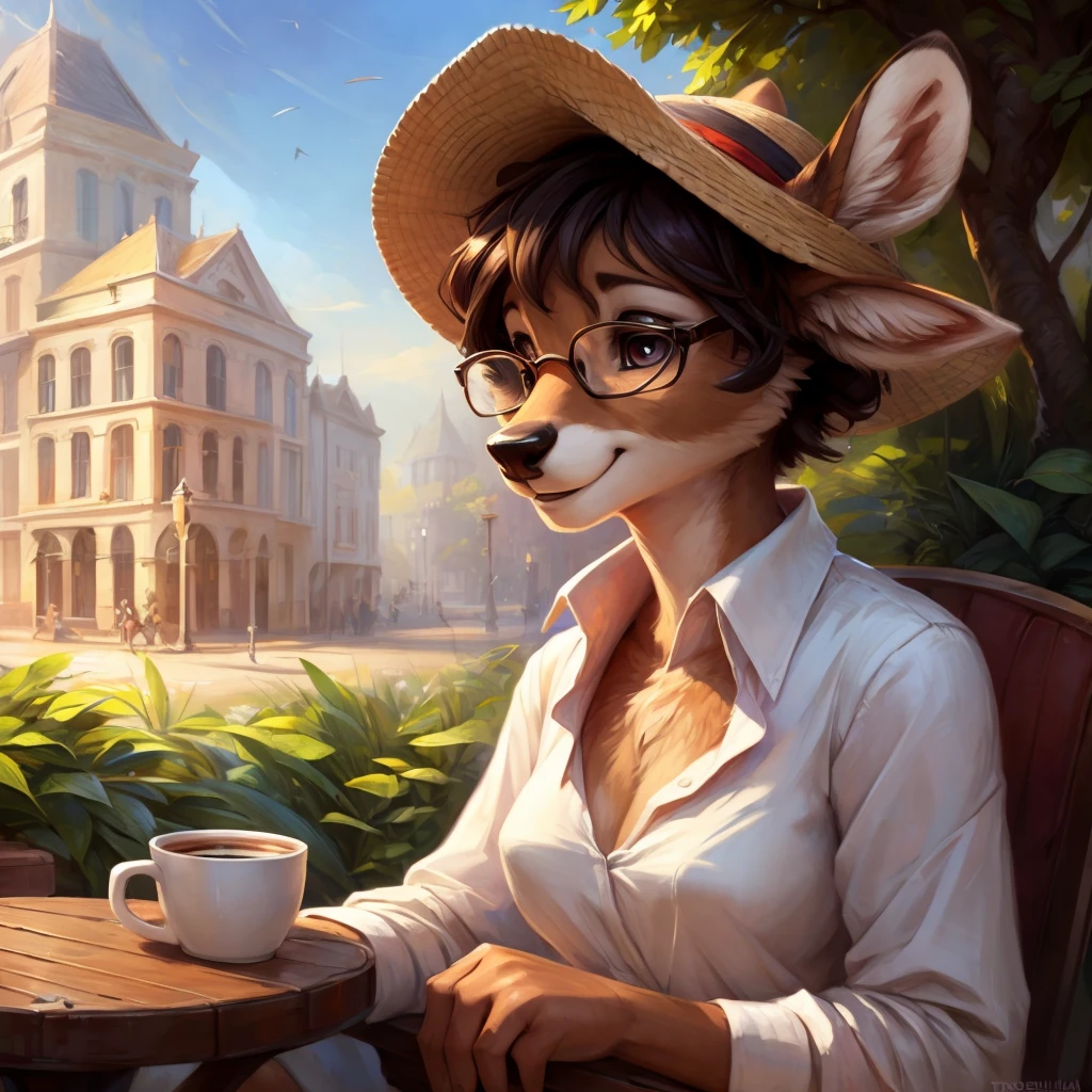 uploaded on e621, by Pixelsketcher, by Bayard Wu, by Thomas Benjamin Kennington , by Einshelm, by hioshiru and kenket, Chunie, portrait, solo anthro female deer doe, tiny featureless breasts, tiny breasts, clear dark blue, cinematic lighting, day, sunny day, sitting outside at a café, café background, french background, old french background, shiny, short curly dark brown hair, short hair, wears big black nerd glasses, very very beautiful furry art, furry art, thoughtful, shiny, feminine, cute face, muzzle, fluffy chest, flawless face, Fallow deer, 1girl, Sakimichan is beautiful, Masterpiece, Wavethesallow Face, shiny, Detailed image, portrait, Detailed image, portrait, wears pure white wide, big blouse, wears beige summer straw hat, shiny, realistic face, perfect anatomy, hourglass body, anthropomorphic deer, happy, very happy, small ears, huge black nerd glasses, wide happy eyes, look at viewer, smiles, big smile, holds with both hands a cup of coffee, hourglass body, (furry body:1.1), anthropomorphic deer, small fluffy tail, detailed background, (cute anatomy:1.1), looks into the distance
