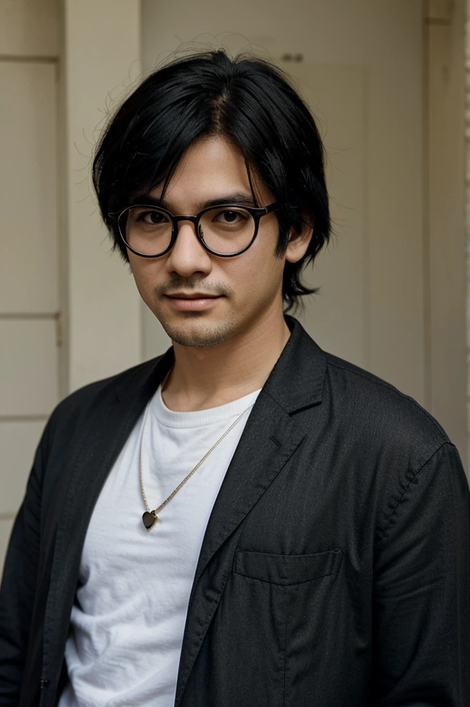 Please make a wallpaper of a guy with glasses, middle parted black hair, buat style ghibli