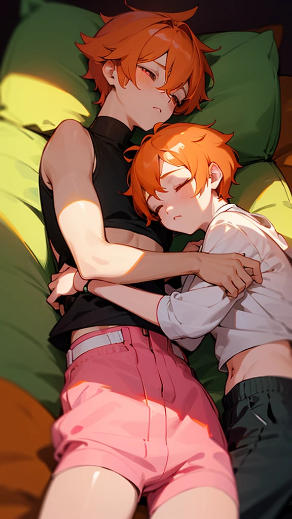 Sleeping on person, laying on person, sleeping, 2boys, cross dressing, shorts, croptop, sweater, short hair, orange hair, pink hair, red eyes, green eyes, femboy, trap, yaoi, erection through clothes,