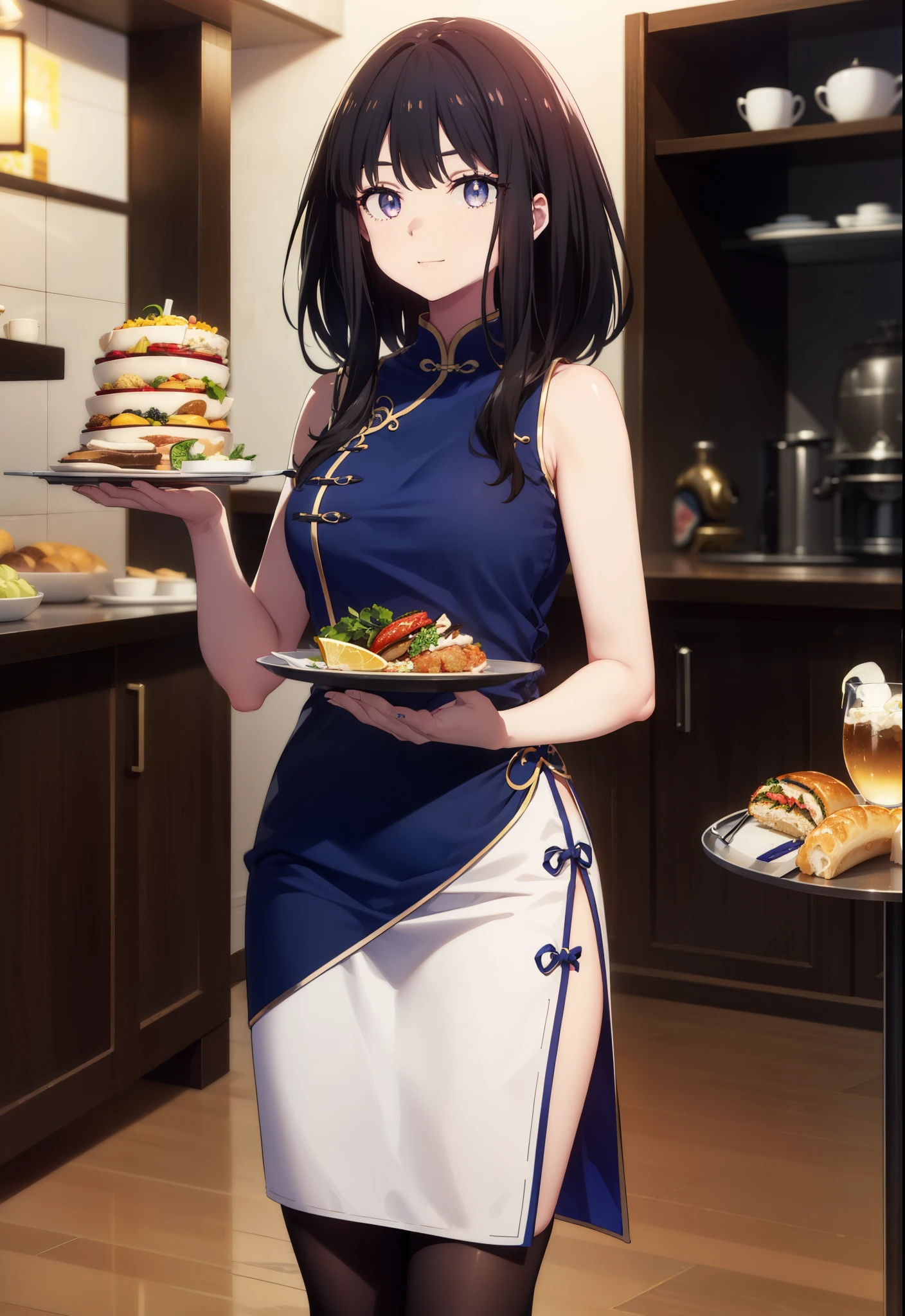 Takiuchi, Check it out, Long Hair, bangs, Black Hair, (Purple eyes:1.2),happy smile, smile, Close your mouth,
Sleeveless blue Chinese dress,Blue long slit,Black pantyhose,Stiletto heels,Tables and chairs, food, drink, tray, tray in one hand,whole bodyがイラストに入るように,Walking,
break indoors,Chinese style coffee shop,
break looking at viewer, whole body,
break (masterpiece:1.2), Highest quality, High resolution, unity 8k wallpaper, (shape:0.8), (Fine and beautiful eyes:1.6), Highly detailed face, Perfect lighting, Highly detailed CG, (Perfect hands, Perfect Anatomy),
break outdoors, city,
break looking at viewer, (Cowboy Shot:1.5),
break (masterpiece:1.2), Highest quality, High resolution, unity 8k wallpaper, (figure:0.8), (Beautiful attention to detail:1.6), Highly detailed face, Perfect lighting, Highly detailed CG, (Perfect hands, Perfect Anatomy),