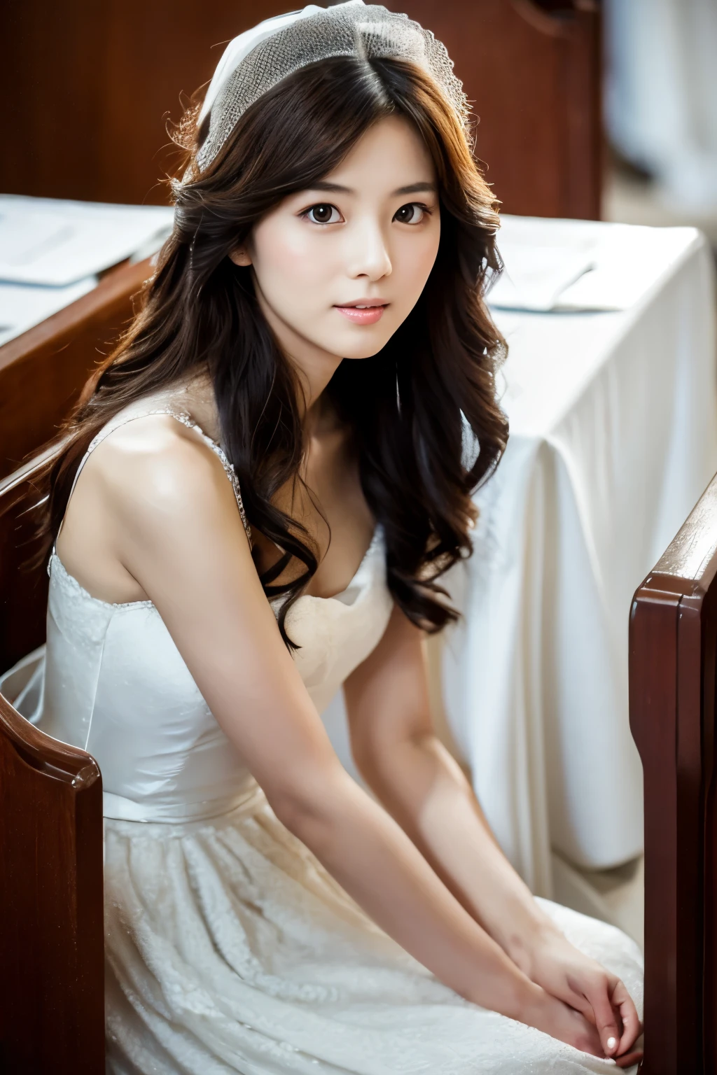 Skinny Japanese woman, Long Wavy Hair, wear (Wedding dress:1.3), sitting in church. Realistic, Realistic, high quality, Raw photo, Detailed Background, Very detailed, Sharp focus, High resolution, 8K, 超High resolution, Digital SLR, Realistic eyes, Perfect Eyes,Wedding dress、Seductive pose、Full body photo、Full body photo、