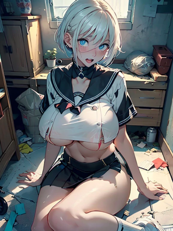 (8k, RAW photo, best quality, masterpiece, soft cinematic lighting, soft color:1.4),(from above:1.6),( POV,looking at viewer:1.7),(detaileds beautiful eyes focus,Close-up beautiful eyes:1.6),(realistic), (dark room,room full of trash background:1.6), (solo, mature woman,19years old,super beautiful face,super detaild beautiful eyes :1.5), {sailor uniform:1.1),(show off nipple:0.5),low-cut miniskirt,sheer :1.3}, (embarrassed,red Cheeks:1.25),bob cut hair, {{slicked back hair}}, white blonde color hair, clean skin, (smaller butt:0.5),(coverd nipple:0.8),(sagging huge long wide heavy breasts:1.5),(under boob:1.8), (thick, curvy:1.35),(1boy,sex,open leg:1.5),(open mouth:1.2),(arms behind back:0.8),(sitting,on side:1.7),