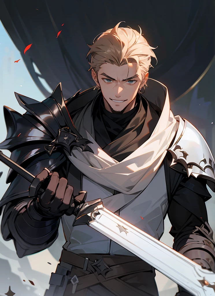 1 , handsome fashion hair,bronze hair highlightwhite, fanstasy, smile face, male ,fantasy, reaper, hunter with blackshortsword, villian face, black armor , darkness wolrd, bad