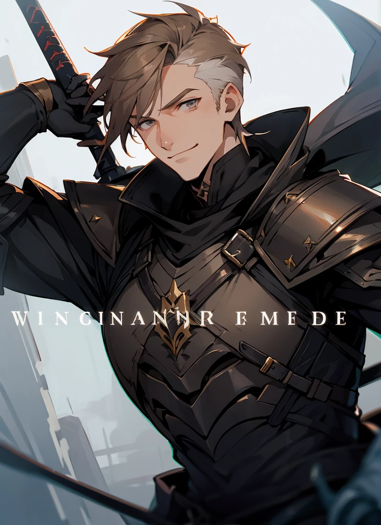 1 , handsome fashion hair,bronze hair highlightwhite, fanstasy, smile face, male ,fantasy, reaper, hunter with blackshortsword, villian face, black armor , darkness wolrd, bad
