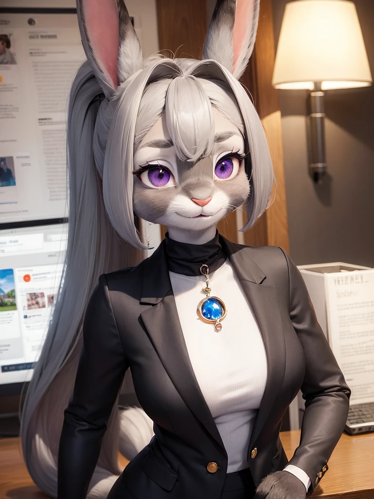 best quality,
masterpiece,
hyper Realistic,
ultra-detailed,
beautiful detailed,
4K,8K,High level,
PIXAR,
Photo real,
Portrait,
Looking at the audience,
background is an Forest,
Realistic lighting,
((anthropomorphic rabbit)),
detailed animals,
Complex patterns,
(furry:1.5),
(Whole skin is gray:1.4),
(body is fluffy and bushy:1.3),
Realistic fur,
((human hands)),
(Face is JudyHopps:1.35),
{((long straight hair)), ((ponytail hair))},
wispy bangs, bangs,
purple eyes,
{highlight on eyes, crisp eyes, sparkle in the eyes, round big pupils},
detailed iris,
(rised eyebrows:1.2),
(Crescent Brows:1.3),
(rabbit ears:1.1),
Smile,
Big Smile,
Innocent smile,
raised corners of mouth,
office lady is wearing suit,
((White blouse)) BREAK ((Black blazer)) BREAK ((Black pants)),
clothes made of wool,
((She is blushing in the cheeks)),
((Looks excited)),
(solo:1.5),
(1 lady:1.5),
one character only
alone,
Perfect Anatomy,
highlight,
sunlight,
daylight,
intricate details,
ray tracing,
photorealistic,
lighter shadows,