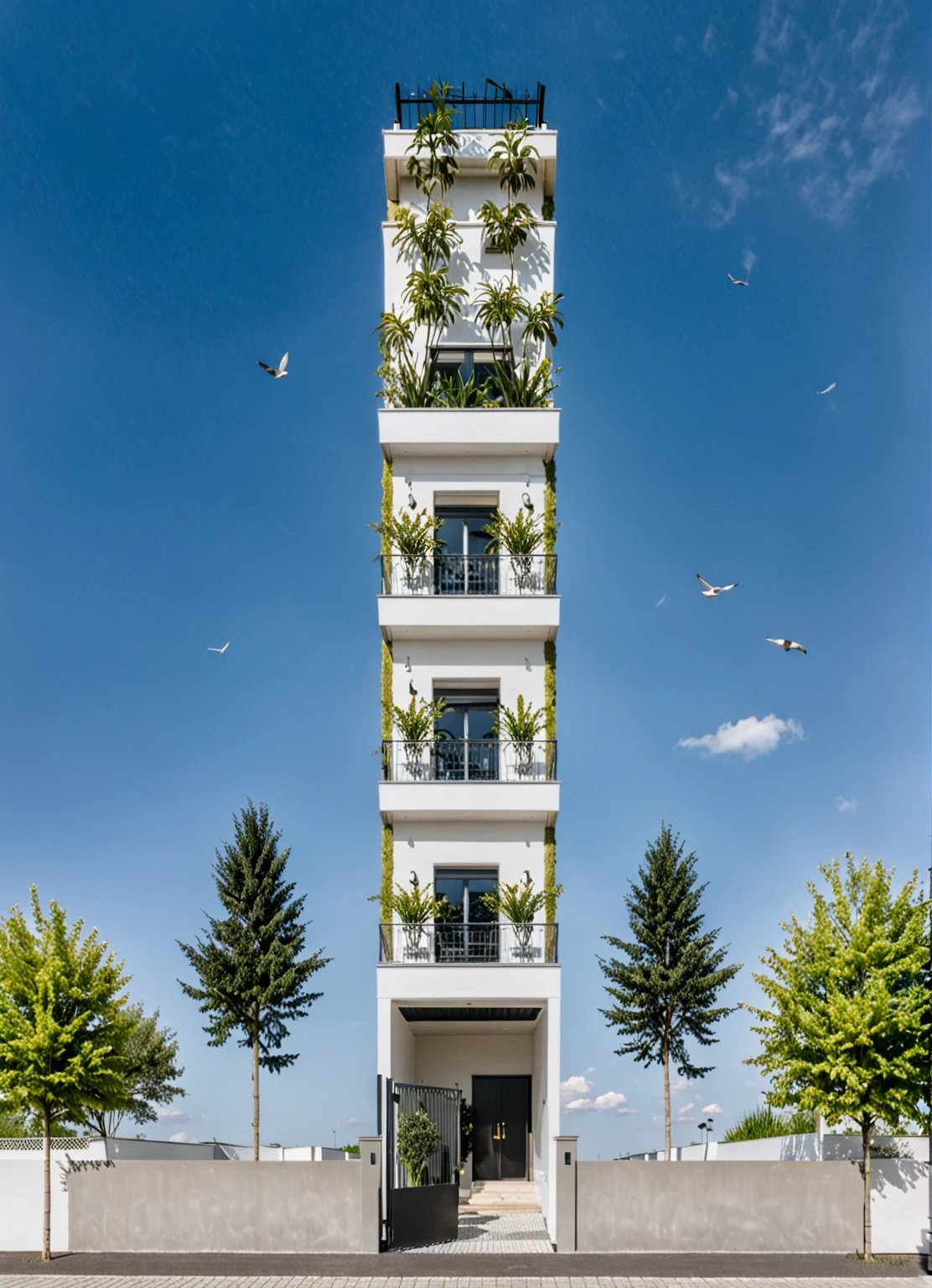 Raw photo,Masterpiece, high quality, best quality, authentic, super detail,
outdoors, house style modern,bietthuhn, white wall, glass windows, gate
road,pavement, grass, trees, sky, cloud, (day:1.1),