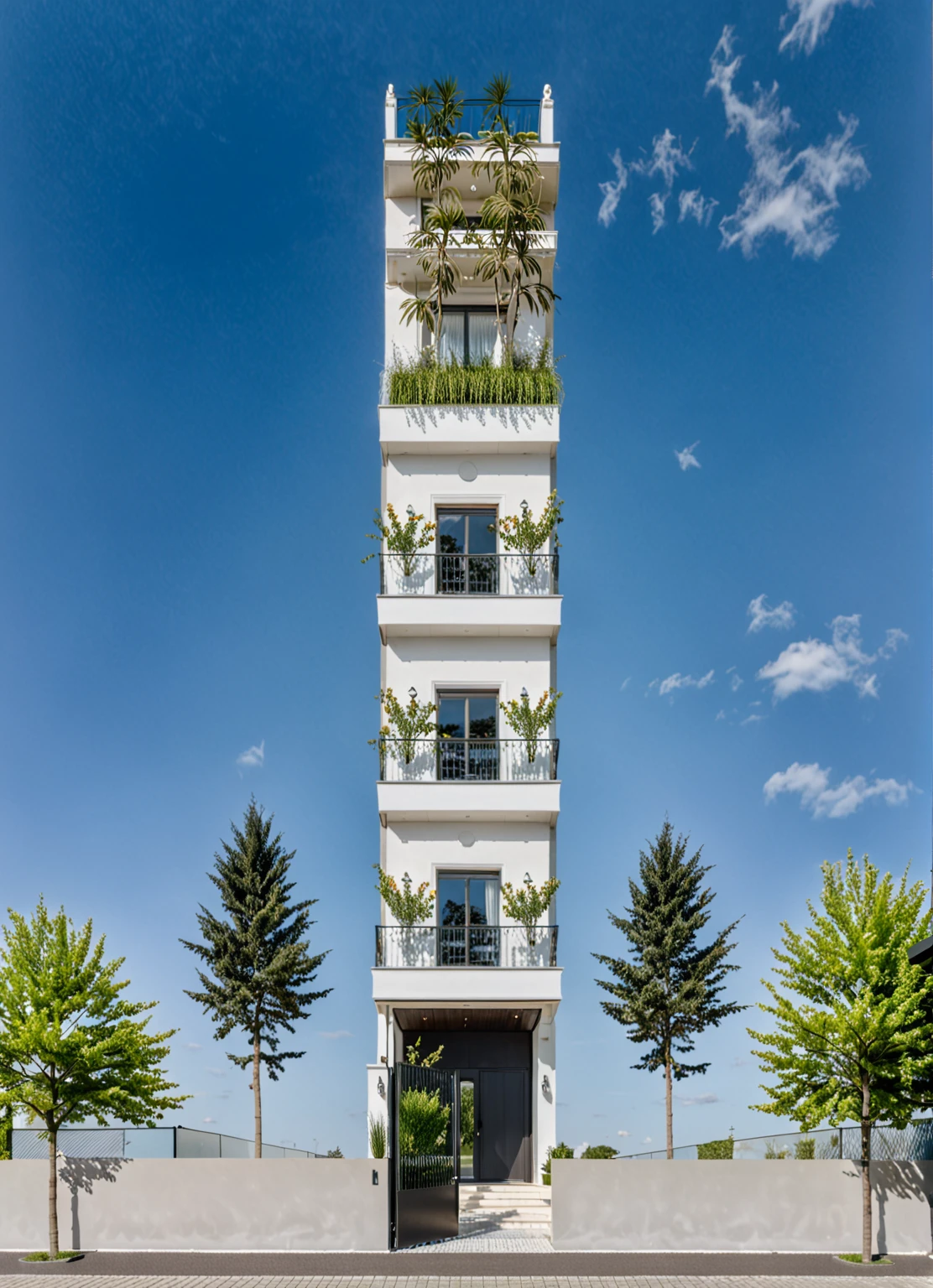 Raw photo,Masterpiece, high quality, best quality, authentic, super detail,
outdoors, house style modern,bietthuhn, white wall, glass windows, gate
road,pavement, grass, trees, sky, cloud, (day:1.1),