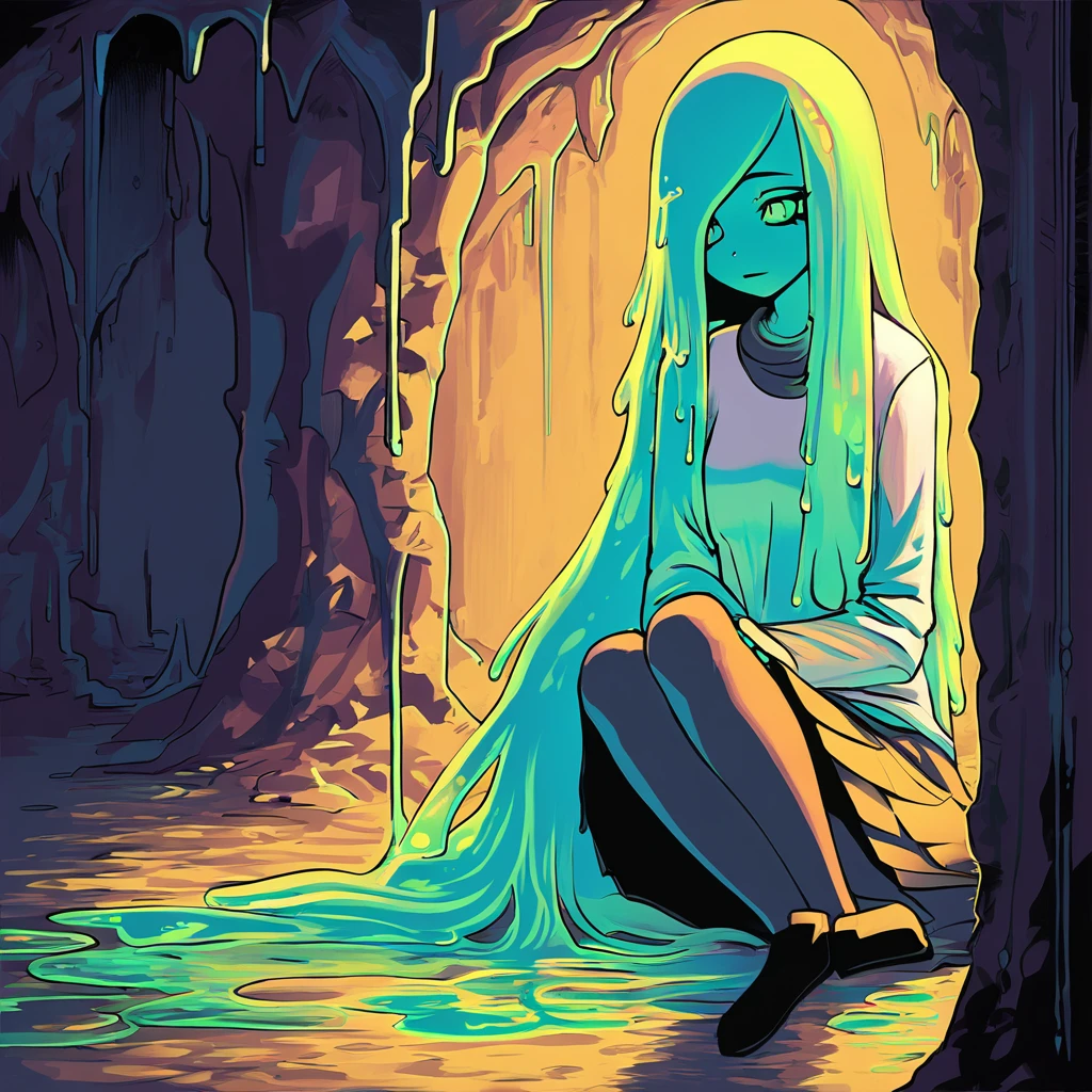 The Slime Girl sits in the corner of the cave abandoned and alone she has long hair that drips with slime and is dressed in a long flowing shirt and skirt in surreal lighting art style