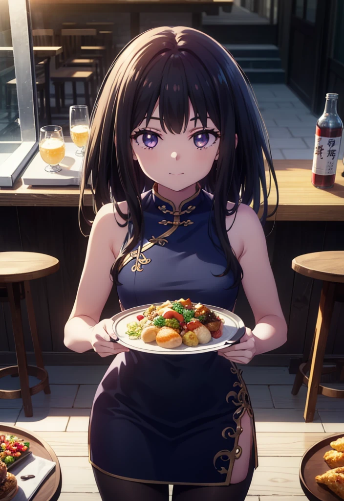 Takiuchi, Check it out, Long Hair, bangs, Black Hair, (Purple eyes:1.2),happy smile, smile, Close your mouth,
Sleeveless blue Chinese dress,Blue long slit,Black pantyhose,Stiletto heels,Tables and chairs, food, drink, tray, tray in one hand,whole bodyがイラストに入るように,Walking,
break indoors,Chinese style coffee shop,
break looking at viewer, whole body,
break (masterpiece:1.2), Highest quality, High resolution, unity 8k wallpaper, (shape:0.8), (Fine and beautiful eyes:1.6), Highly detailed face, Perfect lighting, Highly detailed CG, (Perfect hands, Perfect Anatomy),
break outdoors, city,
break looking at viewer, (Cowboy Shot:1.5),
break (masterpiece:1.2), Highest quality, High resolution, unity 8k wallpaper, (figure:0.8), (Beautiful attention to detail:1.6), Highly detailed face, Perfect lighting, Highly detailed CG, (Perfect hands, Perfect Anatomy),