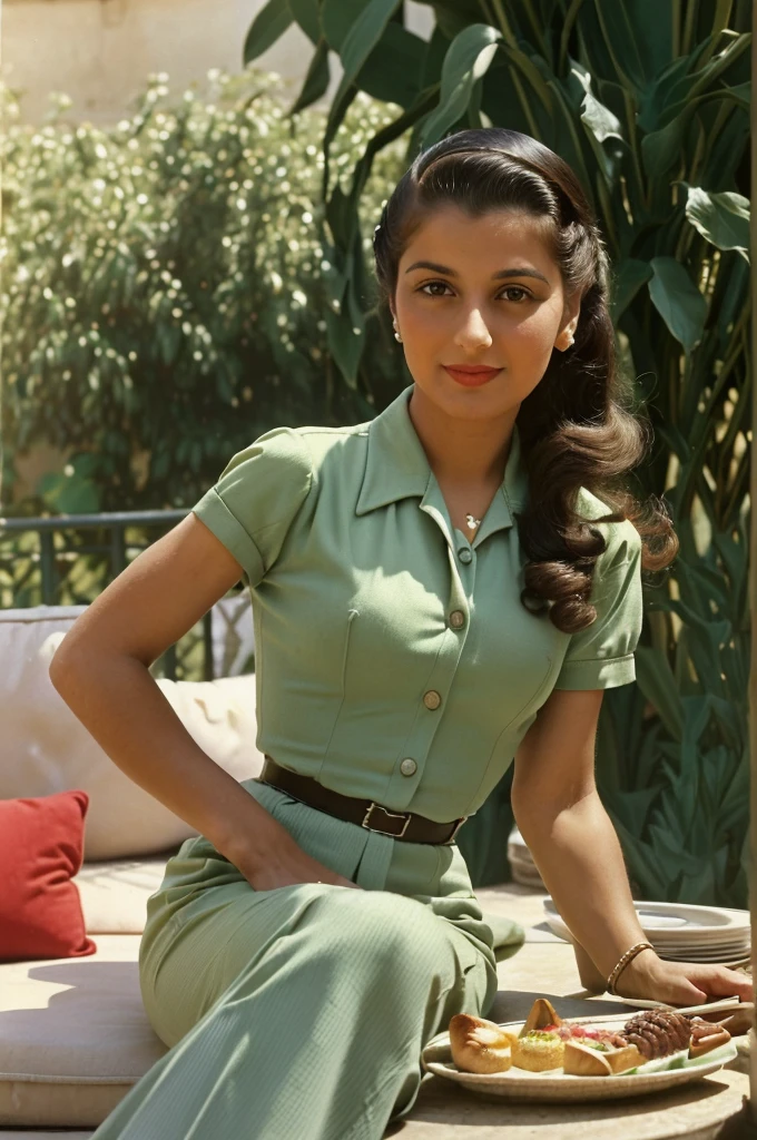 Palestine, 1946. portrait of A young ((((35-year-old)) Sira Quiroga)), beautiful, skinny, sitting in a luxurious hotel patio, having breakfast, ((((clothings from the 1940s)))), ((hairstyle of the 1940s)), ((colorful, Monet))