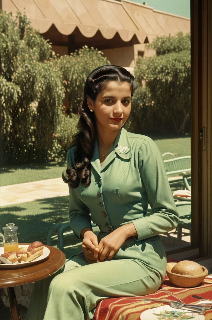 Palestine, 1946. portrait of A young ((((35-year-old)) Sira Quiroga)), beautiful, skinny, sitting in a luxurious hotel patio, having breakfast, ((((clothings from the 1940s)))), ((hairstyle of the 1940s)), ((colorful, Monet))