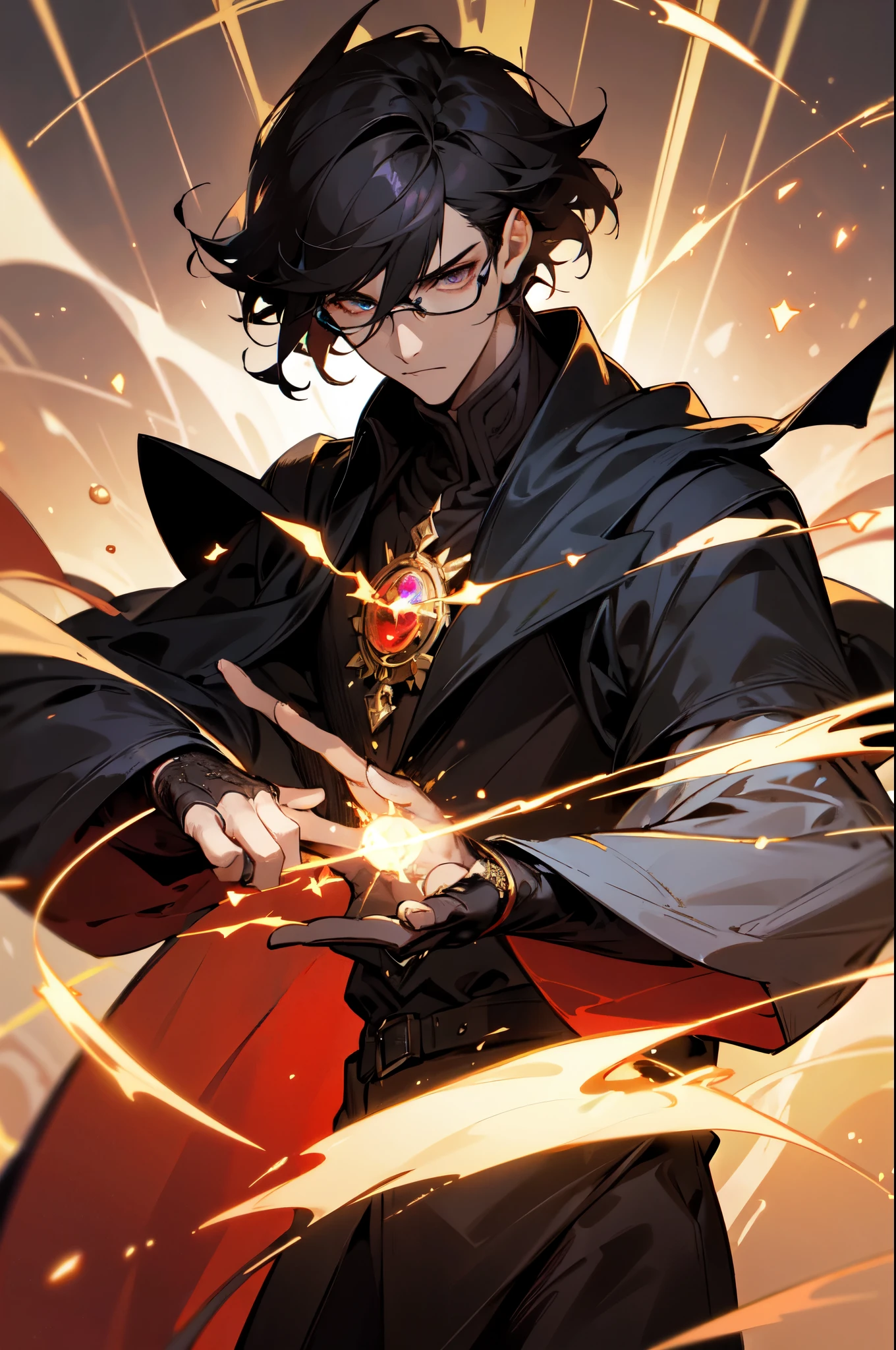 masterpiece, best quality, 1 male, young, tall muscular, handsome, finely detailed eyes, intricate details, black hair, short hair, evil face, solo, upper body, detailed dark shadow background, detailed face, good sorcerer, color magical robes, determined expression, white color scheme, dark crimson light, glowing magical runes, realistic lighting, floating particles, sparks, surrounded by gold lightning red arcane symbols, corrupted by eldritch power, bloom, glasses, gloves