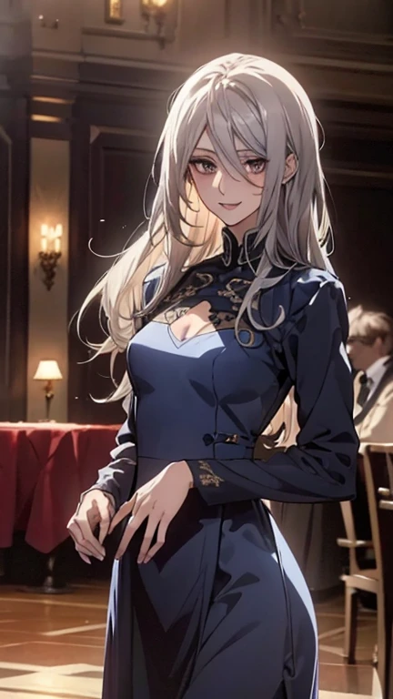 (Confused, High resolution, Very detailed), 1 female, Silver Hair,Long Hair,Reddish brown eyes,Navy long party dress,Formal wear,20th generation,Beautiful woman,A shy smile,thin,quiet,Small breasts,Calm,Party Venue,Navy long sleeve dress