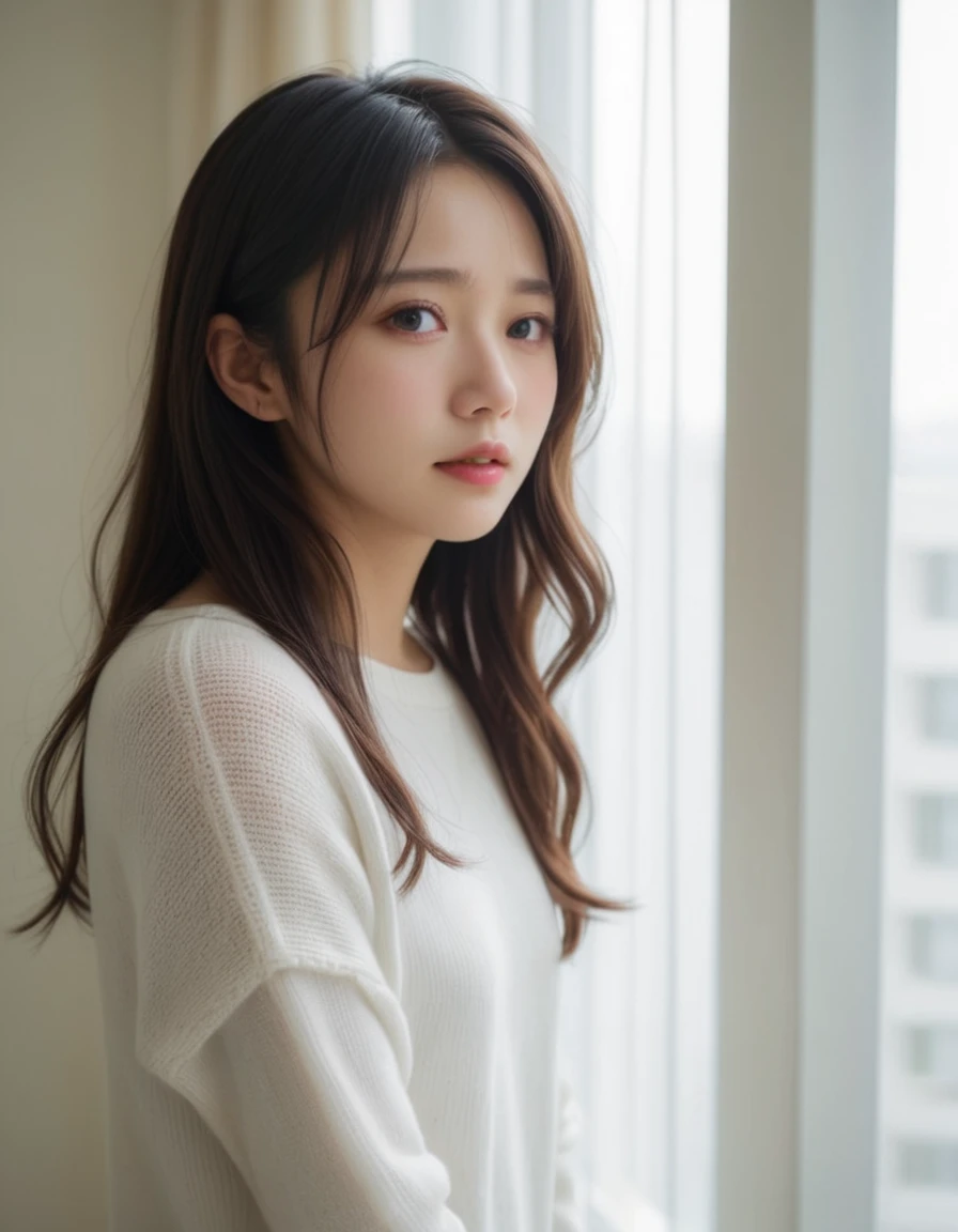 japanese woman, (close-up:2), (natural lighting),wavy hair, forehead, (dark brown eyes),(from side), (downward slanting eyes),pouty,
(white sweater),(dyanmic posing)
(see-through curtain, bright room)drip