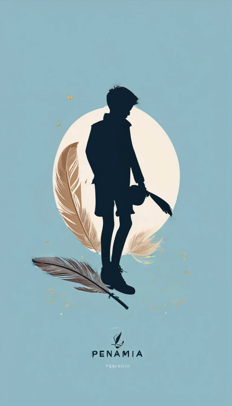 A minimalist, fantastic, poetic, dreamy, captivating, memorable, masterpiece, modern, simple logo design of a boy and a feather for the brand “Penamemoria". The logo must convey a sense of music, stories and dreams. Minimalistic logo design of a boy and a feather.