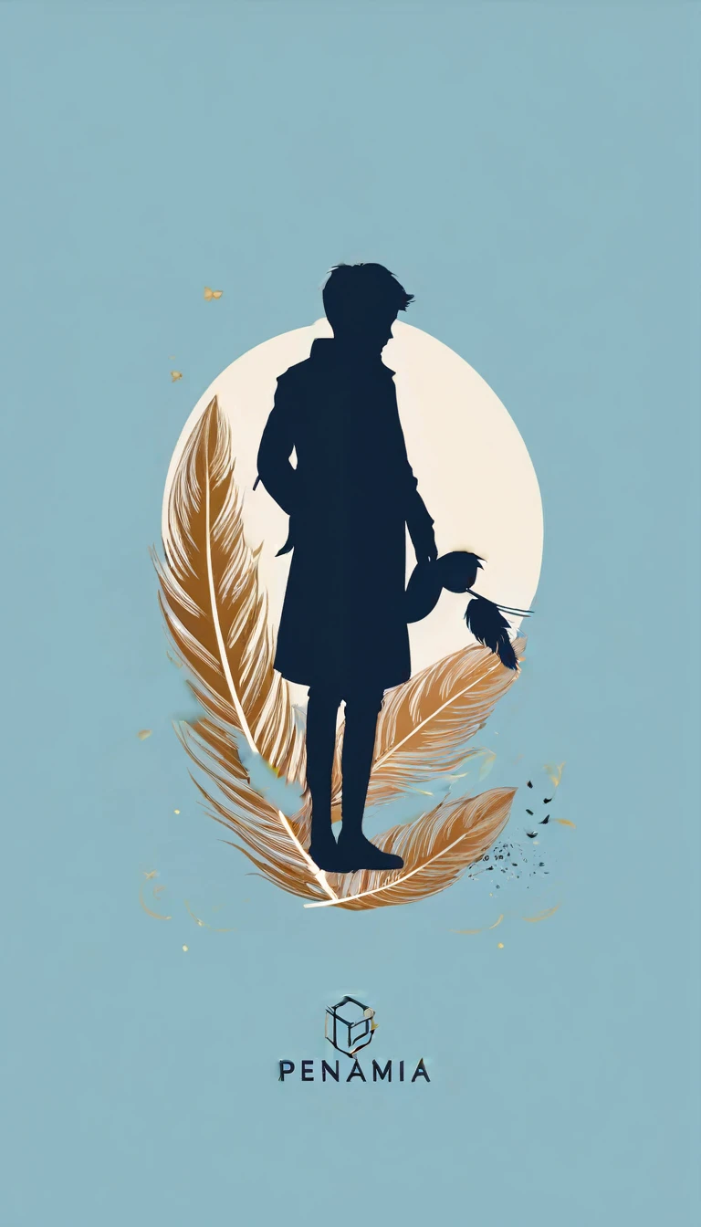 A minimalist, fantastic, poetic, dreamy, captivating, memorable, masterpiece, modern, simple logo design of a boy and a feather for the brand “Penamemoria". The logo must convey a sense of music, stories and dreams. Minimalistic logo design of a boy and a feather.