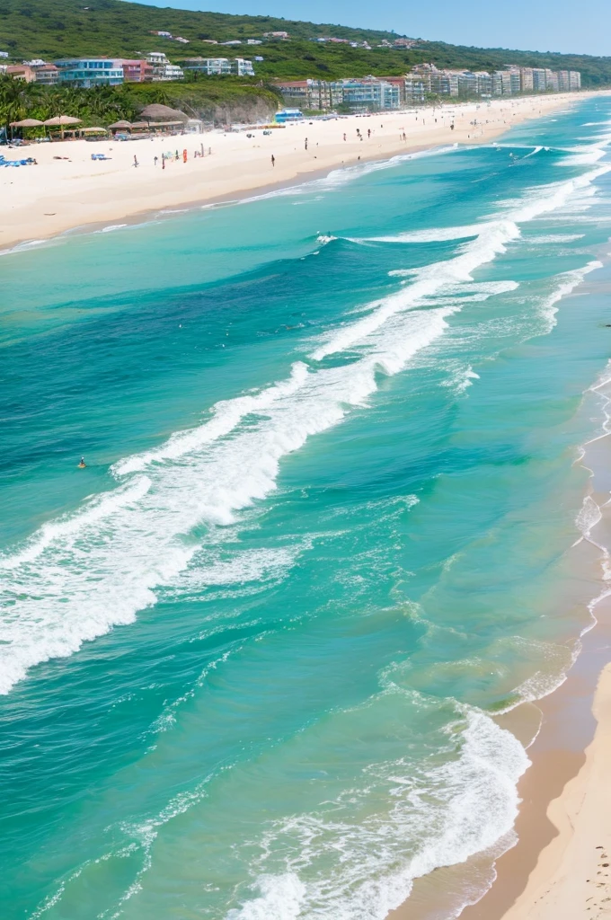 A beautiful beach with clear blue water and white sand, families and friends enjoying the waves, children building sandcastles, and surfers in the distance under a bright sun with a gentle sea breeze.